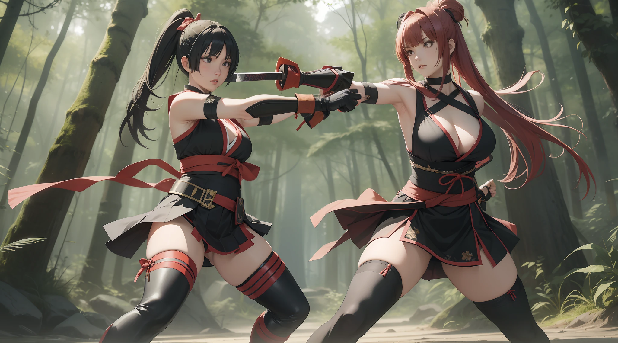 Full body shot of two female character from Dead or Alive game. Kasumi versus Ayame, fighting in a fierce duel death match with weapon short swords, with serious expression. Kasumi looking to Ayane, and Ayane looking to Kasumi. They have long loose hairstyle. They are wearing different color of traditional sleeveless kimono, with a floral print skirt, an obi tied on back hip, a pair of 100% black thigh highs, black shoes, a pair of thin long black elbow gloves, hand guards, and a choker. Background set in a dark forest.