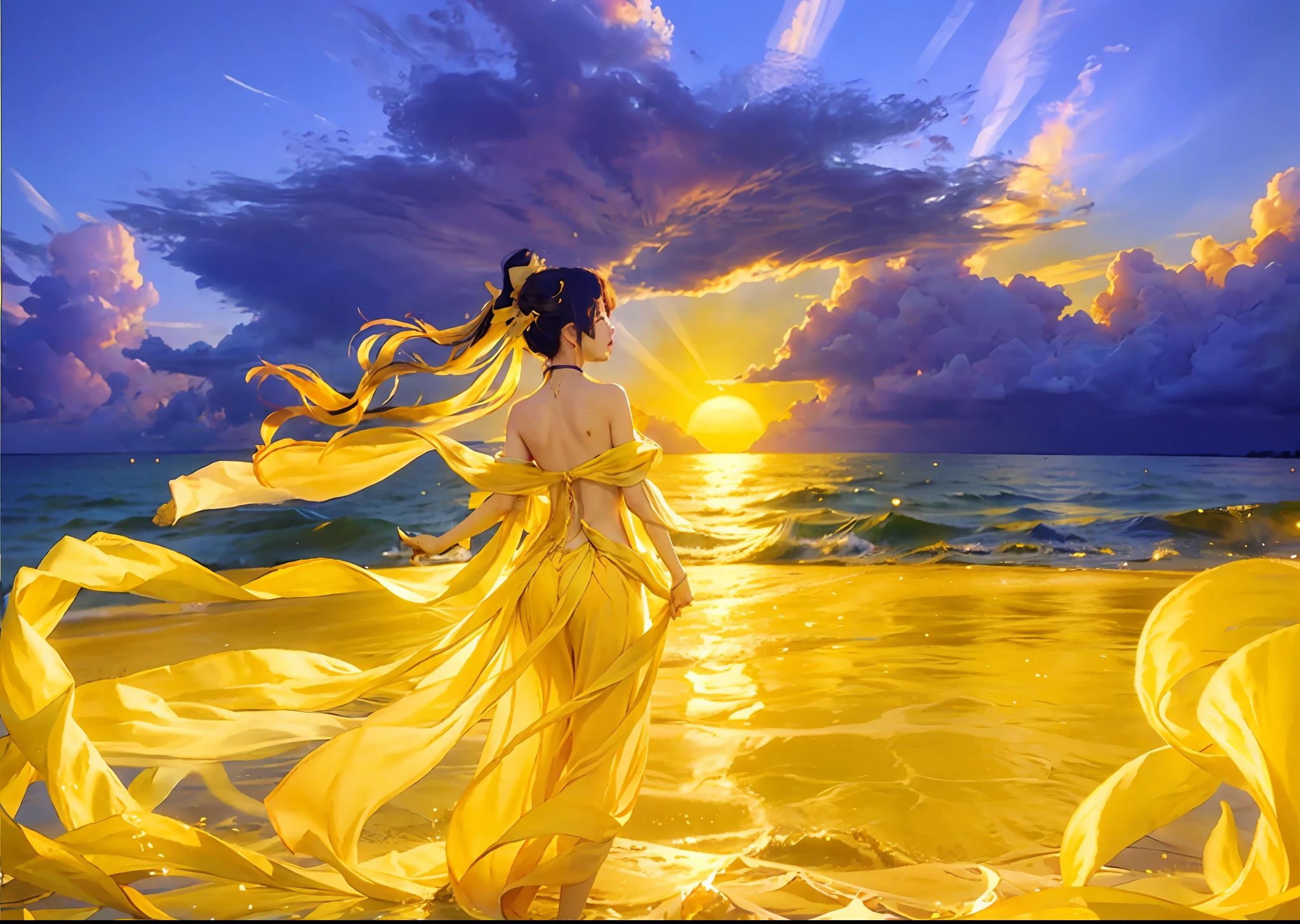 Absolutely mesmerizing sunset on the beach, The sky shines golden yellow, The water is clear, Gently kiss the sea, The scene is very dynamic, breathtaking, immerse yourself in the calm atmosphere, Warm sun surrounds you, Ultra Wide Angle, f / 16, Sony FE GM, Panorama, Film Grain, UHD, High Quality, High Resolution, 16k, A maiden walks on the beach, far away, beautiful back,