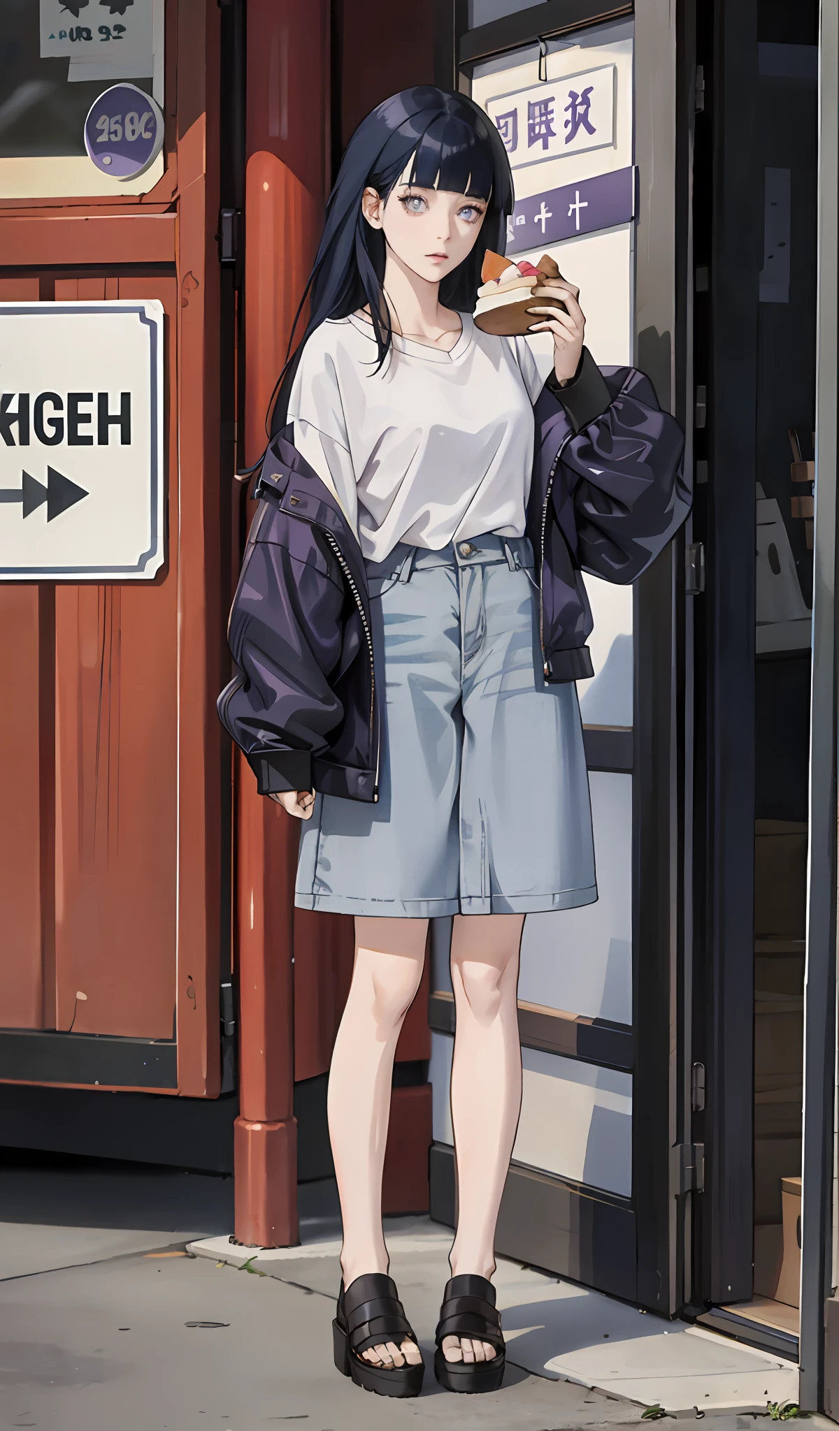 4k, realistic, very detail, there is a girl ate cake, she wearing casual clothes, oversize clothes, 25 years old, full body, blunt bangs, dark blue hair, purple eyes, long hair