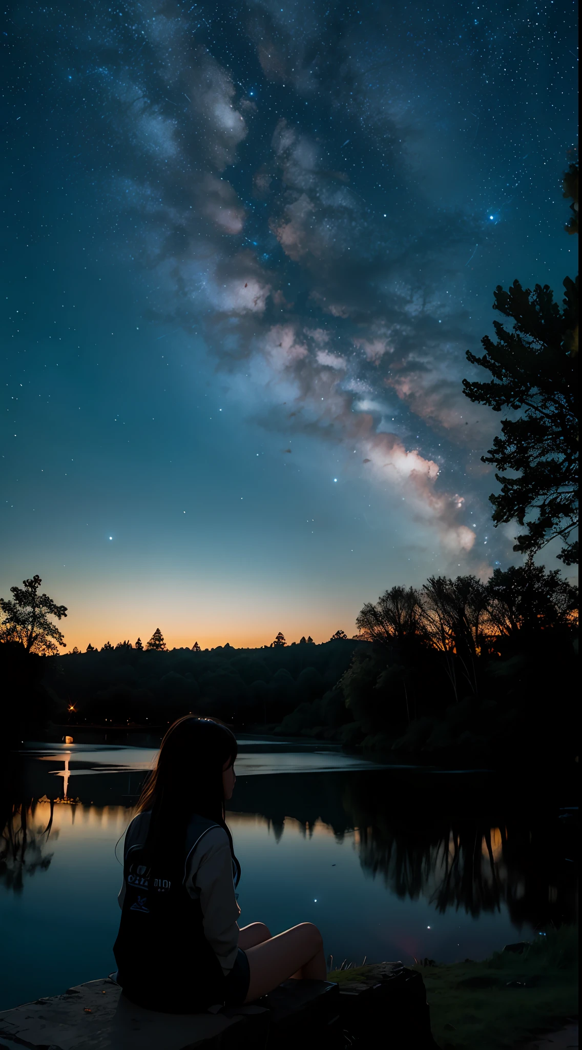 octans, sky, star (sky), scenery, starry sky, night, 1girl, night sky, solo, outdoors, building, cloud, milky way, sitting, tree, long hair, city, silhouette, cityscape