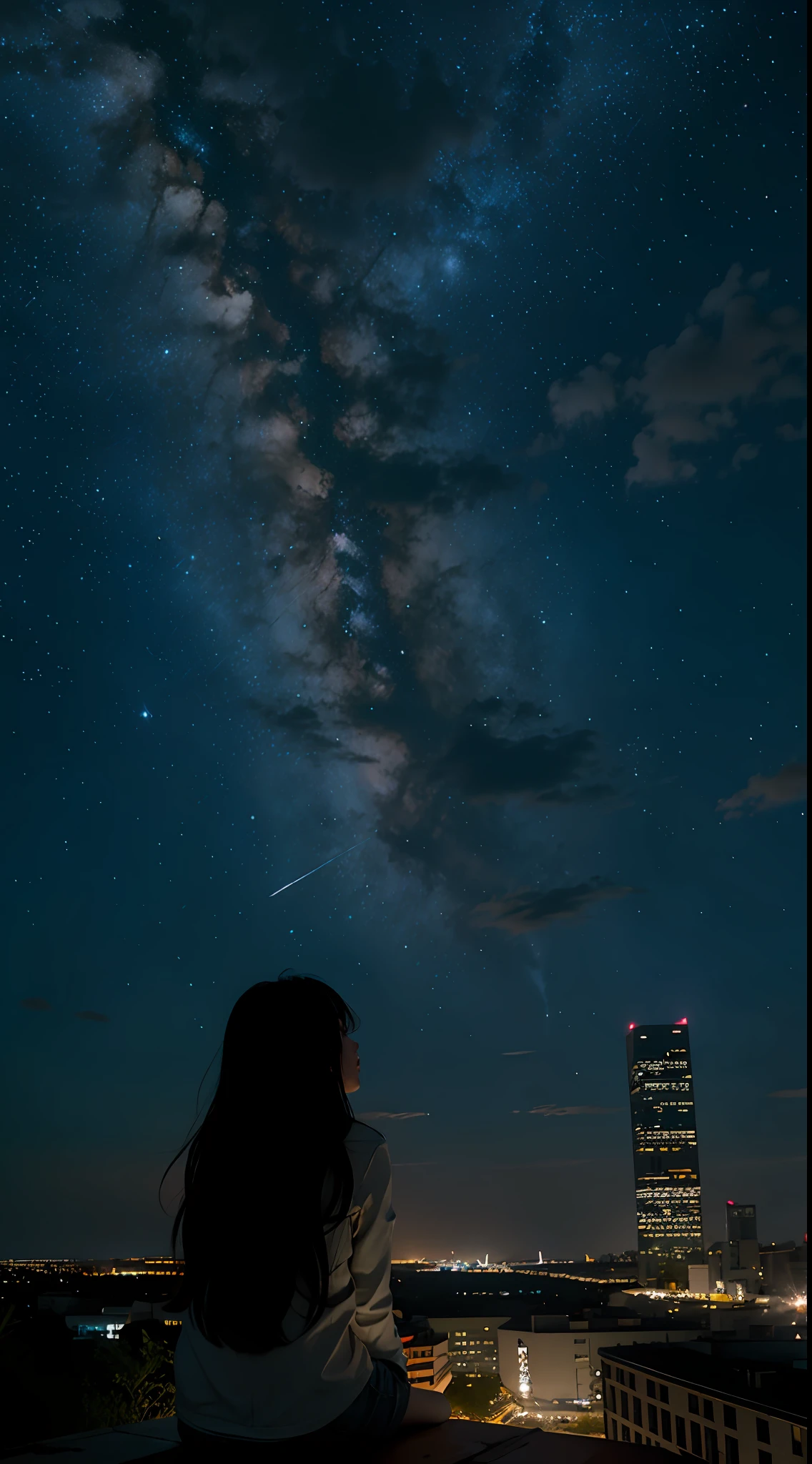 octans, sky, star (sky), scenery, starry sky, night, 1girl, night sky, solo, outdoors, building, cloud, milky way, sitting, tree, long hair, city, silhouette, cityscape