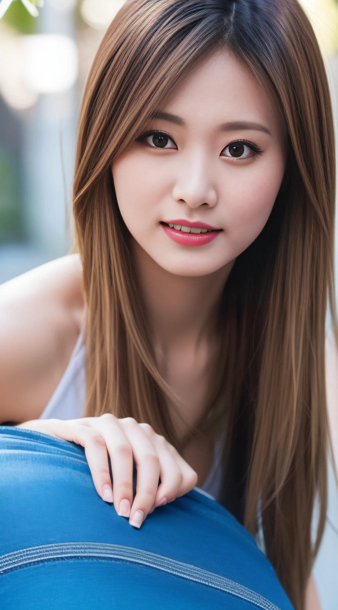 bangs, ziyu, woman, complex 3d rendering ultra-detailed, smile, portrait of beautiful woman, moody portrait, eye-catching feature, beautiful, complex detail, dramatic composition, tension, contrast, texture, realism, high quality rendering, stunning art, high quality, film grain, fujifilm XT3, swirling bokeh, (realistic, photorealistic 1.2), RAW photo, physically based rendering, (View viewer: 1.4), (8k, best quality, masterpiece: 1.2), (full body shot: 1.4), octane rendering, extremely detailed CG, Unity 8k wallpaper, on street, city, city, (studio soft light, Sunlight: 1.2), (Standing: 1.1), (A Girl Wearing Sleeveless: 1.5), Ultra Realistic Details Shiny Skin, Ultra Detail, (Ultra Realistic: 1.2), (Complex: 1.2), (Realistic: 1.2), 1 Girl, (Skinny: 1.3), Detailed Background, (: 1.1), Golden Ratio: 3.2.3, Wide Shoulders, Narrow Waist, Perfect Figure: 1.4, Fine Face, Fine Eyes, Double Eyelids, High Heels, Standing, Facing Viewer Frontally