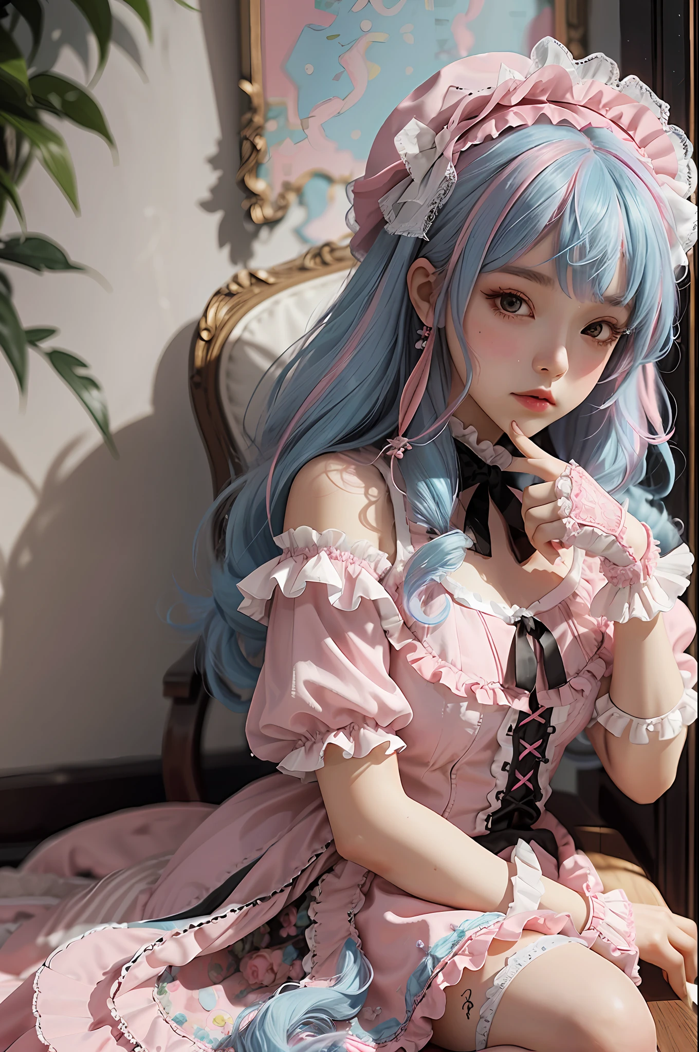 1girl, extreme detailing, lolita, lolita fashion, frills, intricate and gorgeous, gloves, afternoon tea, ponet hat, curly hair, macarons, cream, colorful, pink hair, blue hair, gradient pick dye