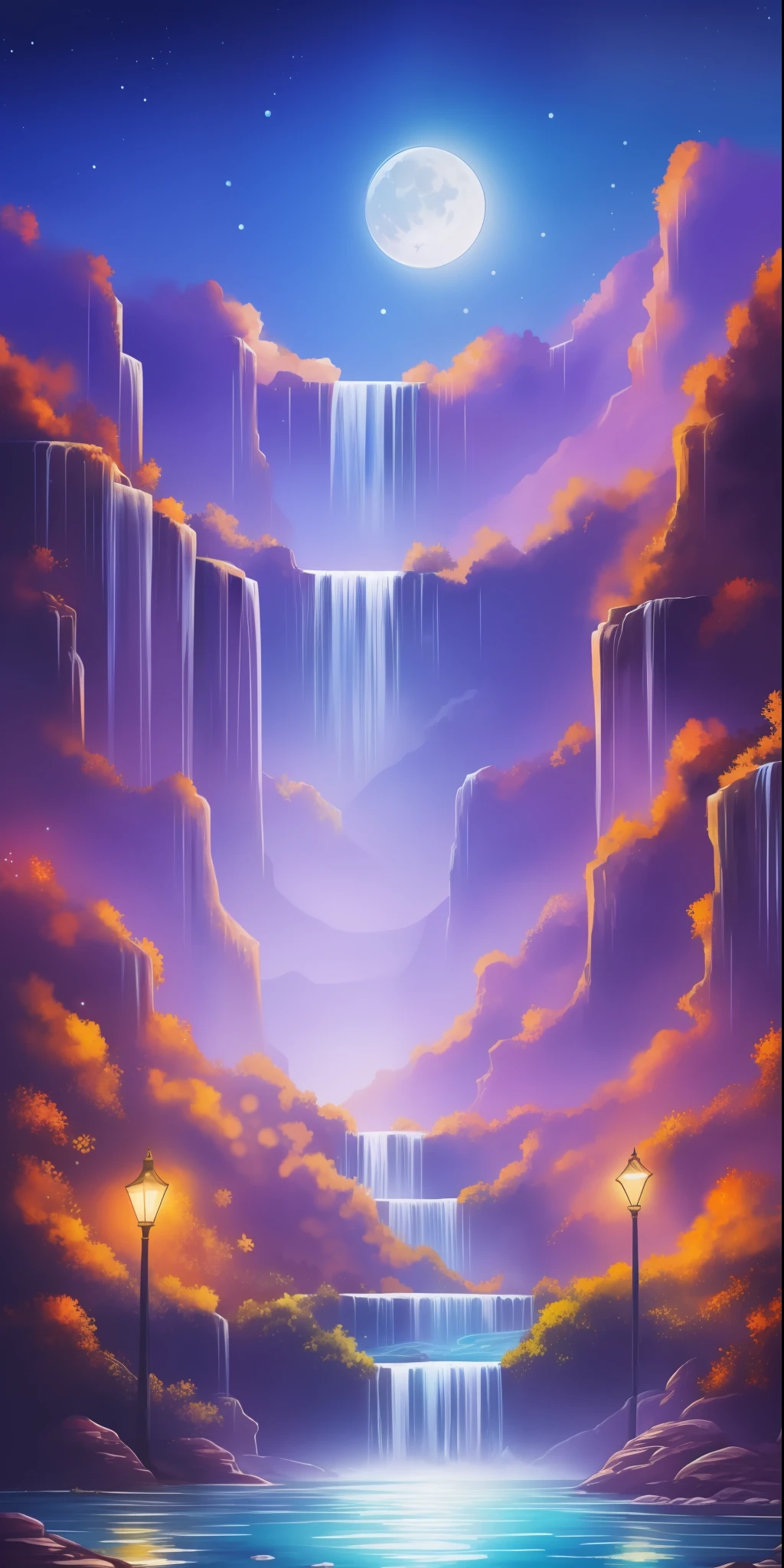 Digital painting, concept art, watercolors,high quality,8k,digital painting,with watercolor of a beautiful night with stars, full moon, waterfalls