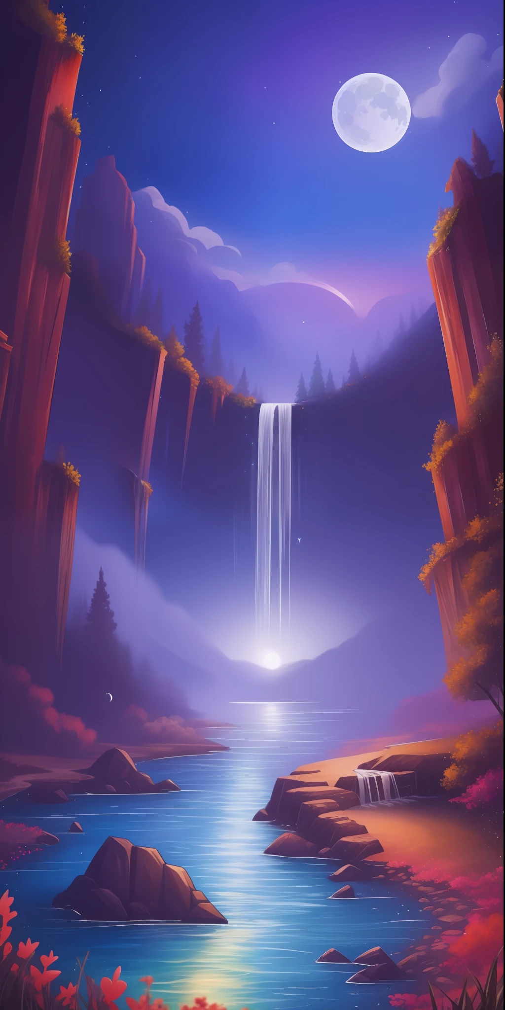 Digital painting, concept art, watercolors,high quality,8k,digital painting,with watercolor of a beautiful night with stars, full moon, waterfalls