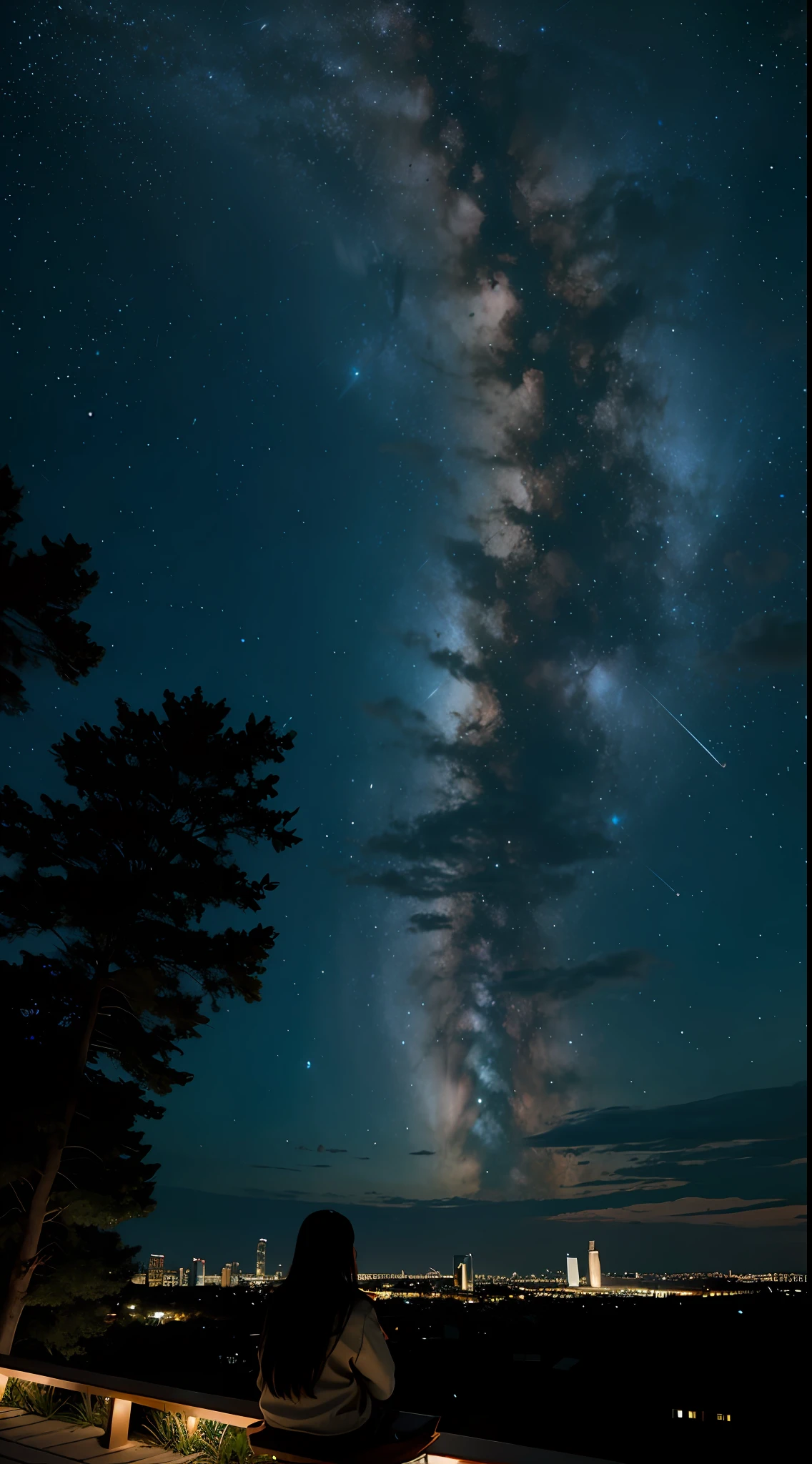 octans, sky, star (sky), scenery, starry sky, night, 1girl, night sky, solo, outdoors, building, cloud, milky way, sitting, tree, long hair, city, silhouette, cityscape