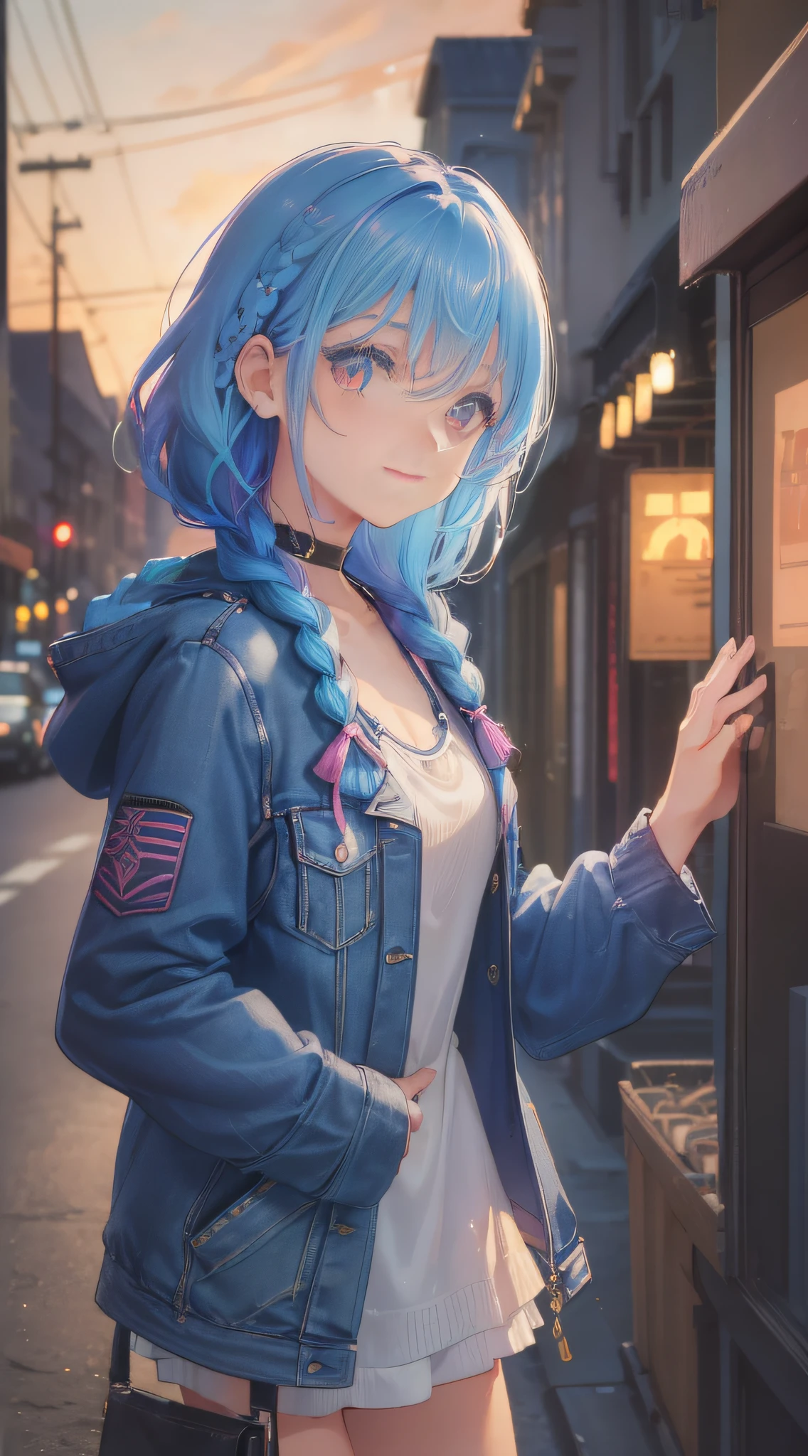 fine detail, ((1 girl), ((solo)), ((short straight hair)), perfect lighting, masterpiece, best quality, super detailed, kawaii,, light, color, texture, detail, beautiful, wonderful, colorful, best quality, super detailed, 1 girl, solo, standing, blue hair, long braid hair, red eyes, bangs, gaze, stars, long hair, hair between eyes, double braids, colored inner hair, side braids, bust, tank_top, cropped jacket, street ,dusk, hair wrinkled, Embarrassment, giggle, squinting, {hands in pockets}, {sunset}}, colored inner hair, {{head tilt}}, {{ leaning forward}}, stunning