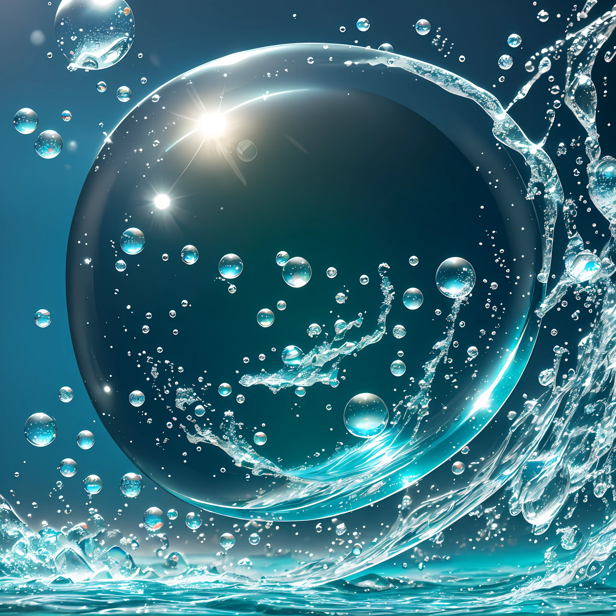 Computer three-dimensional graphics, realistic fantasy, Extensive landscape ultra photography (general view, which shows soap bubbles, water, circles on the water, ice crystals, a glass glass by the ocean), blurred background, warm, a shade of turquoise background, magic --auto --s2