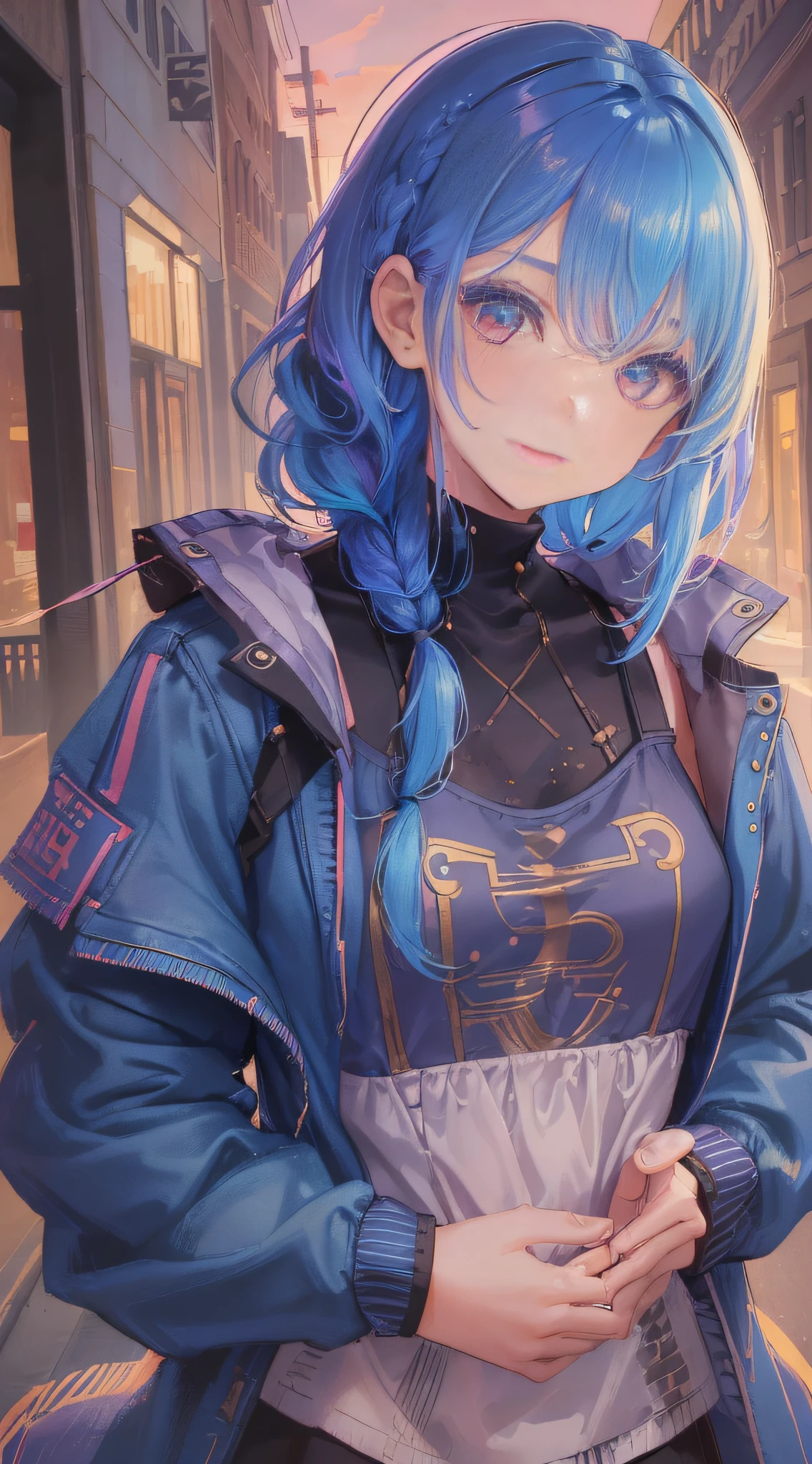 fine detail, ((1 girl), ((solo)), ((short straight hair)), perfect lighting, masterpiece, best quality, super detailed, kawaii,, light, color, texture, detail, beautiful, wonderful, colorful, best quality, super detailed, 1 girl, solo, standing, blue hair, long braid hair, red eyes, bangs, gaze, stars, long hair, hair between eyes, double braids, colored inner hair, side braids, bust, tank_top, cropped jacket, street ,dusk, hair wrinkled, Embarrassment, giggle, squinting, {hands in pockets}, {sunset}}, colored inner hair, {{head tilt}}, {{ leaning forward}}, stunning