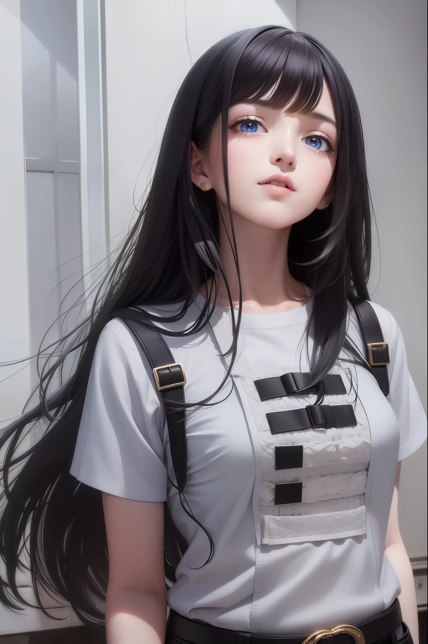 best quality, masterpiece, black hair, blue eyes, looking up, upper body