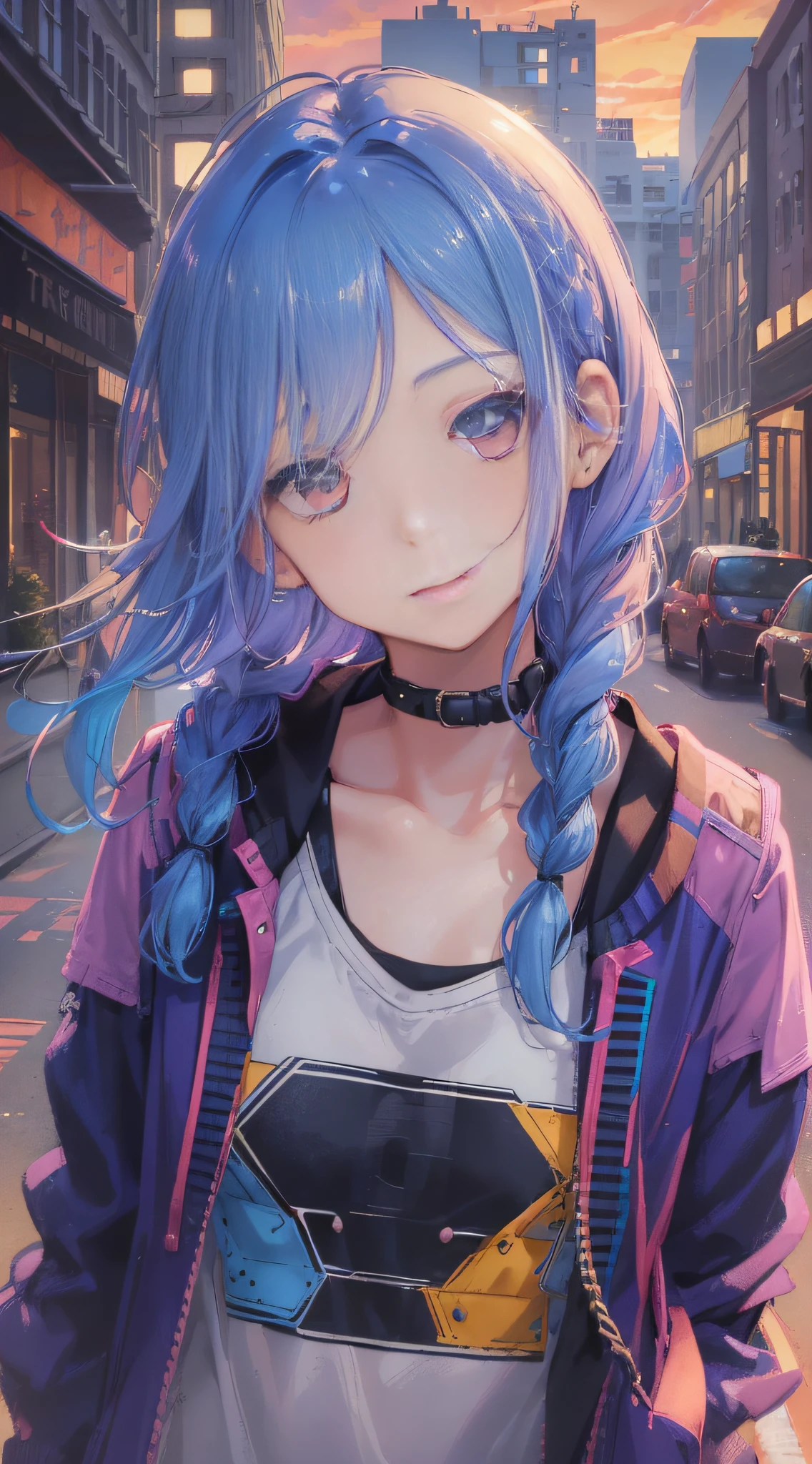 fine detail, ((1 girl), ((solo)), ((short straight hair)), perfect lighting, masterpiece, best quality, super detailed, kawaii,, light, color, texture, detail, beautiful, wonderful, colorful, best quality, super detailed, 1 girl, solo, standing, blue hair, long braid hair, red eyes, bangs, gaze, stars, long hair, hair between eyes, double braids, colored inner hair, side braids, bust, tank_top, cropped jacket, street ,dusk, hair wrinkled,  Embarrassment, giggle, squinting, {hands in pockets}, {sunset}}, colored inner hair, {{head tilt}}, {{ leaning forward}}, stunning