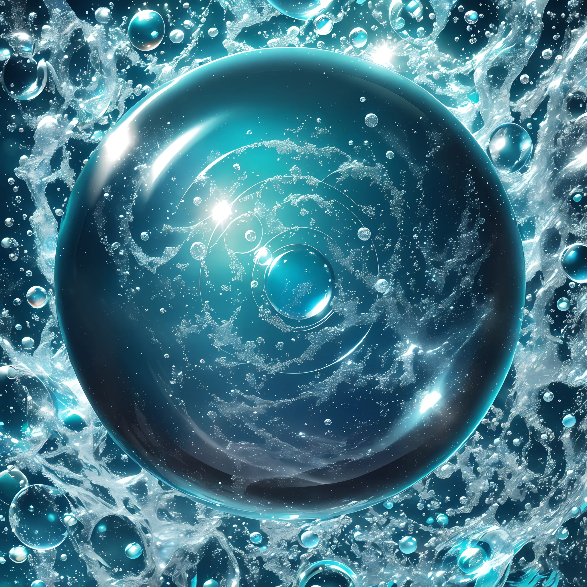 Computer three-dimensional graphics, realistic fantasy, Extensive landscape ultra photography (general view, which shows soap bubbles, water, circles on the water, ice crystals, a glass glass by the ocean), blurred background, warm, a shade of turquoise background, magic --auto --s2