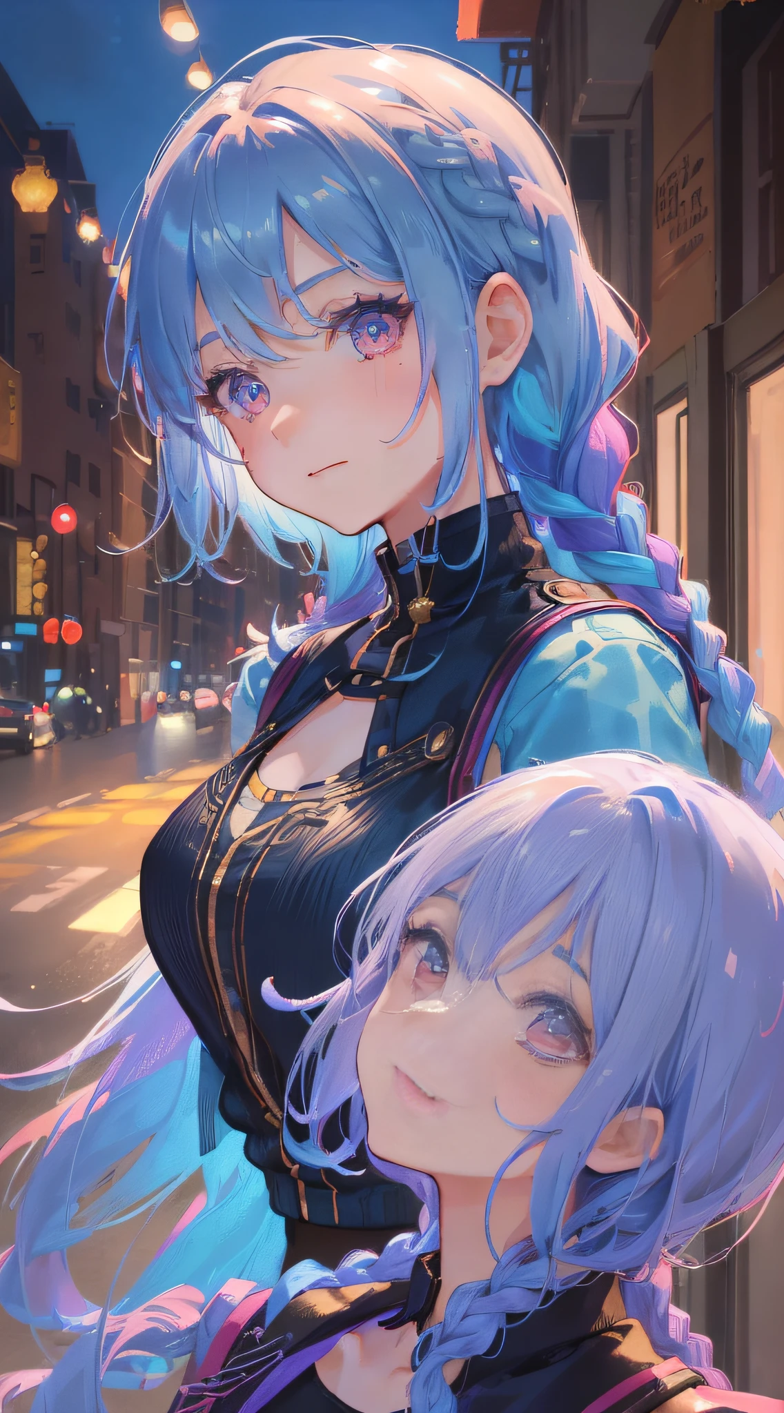 fine detail, ((1 girl), ((solo)), ((short straight hair)), perfect lighting, masterpiece, best quality, super detailed, kawaii,, light, color, texture, detail, beautiful, wonderful, colorful, best quality, super detailed, 1 girl, solo, standing, blue hair, long braid hair, red eyes, bangs, gaze, stars, long hair, hair between eyes, double braids, colored inner hair, side braids, bust, tank_top, cropped jacket, street ,dusk, hair wrinkled, Embarrassment, giggle, squinting, {hands in pockets}, {sunset}}, colored inner hair, {{head tilt}}, {{ leaning forward}}, stunning