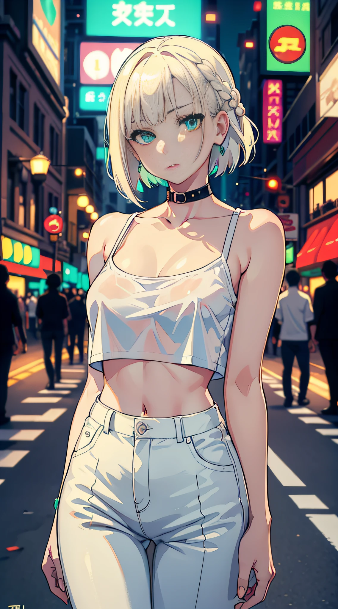 masterpiece, best quality, nsfw, 1girl, platinum blonde hair, short hair, green eyes, braids, small perky breasts, on the street, night, neon light, white t-shirt, braless, black pants, poker face, front view, standing, in crowd,