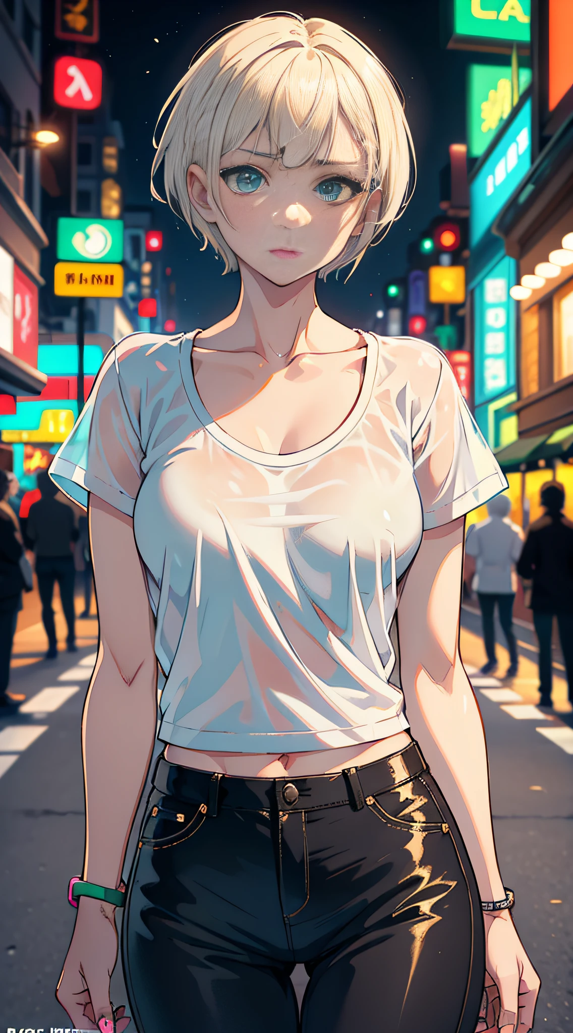 masterpiece, best quality, nsfw, 1girl, platinum blonde hair, short hair, green eyes, braids, small perky breasts, on the street, night, neon light, white t-shirt, braless, black pants, poker face, front view, standing, in crowd,