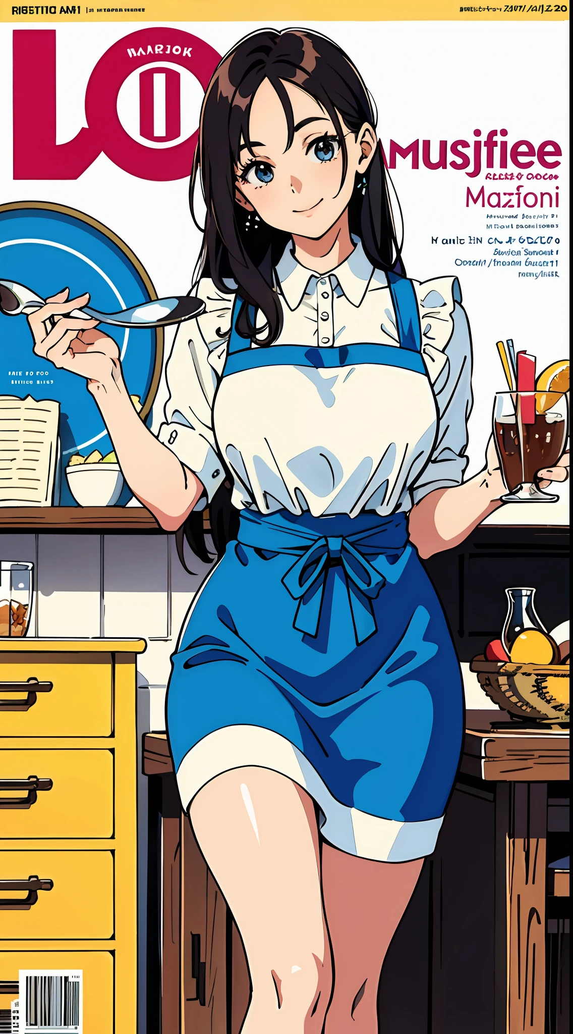 (Best Quality, Masterpiece), Women's Cooking Magazine Cover, 1girl, 20 years old, stunning, cute, warm smile, hourglass figure, floral dress, apron, food, text, chart, advertising, magazine title