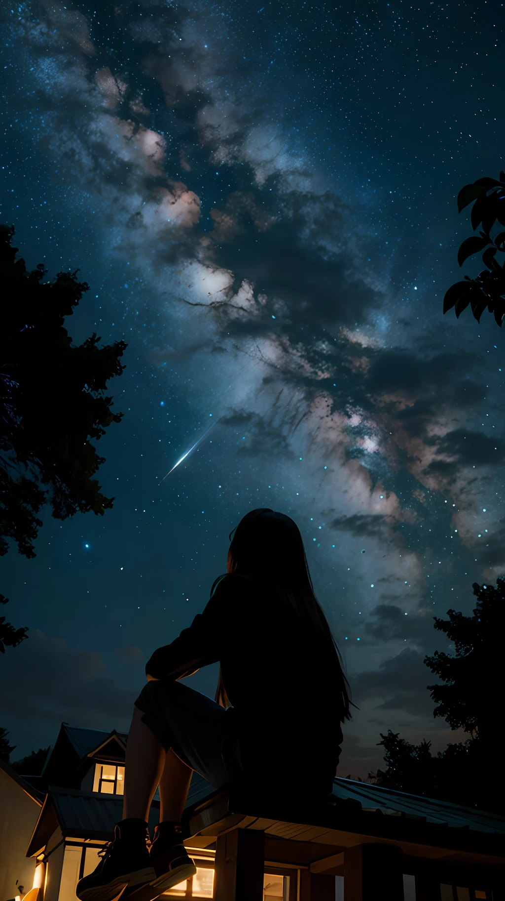 octans, sky, star (sky), scenery, starry sky, night, 1girl, night sky, solo, outdoors, building, cloud, milky way, sitting, tree, long hair, city, silhouette, cityscape