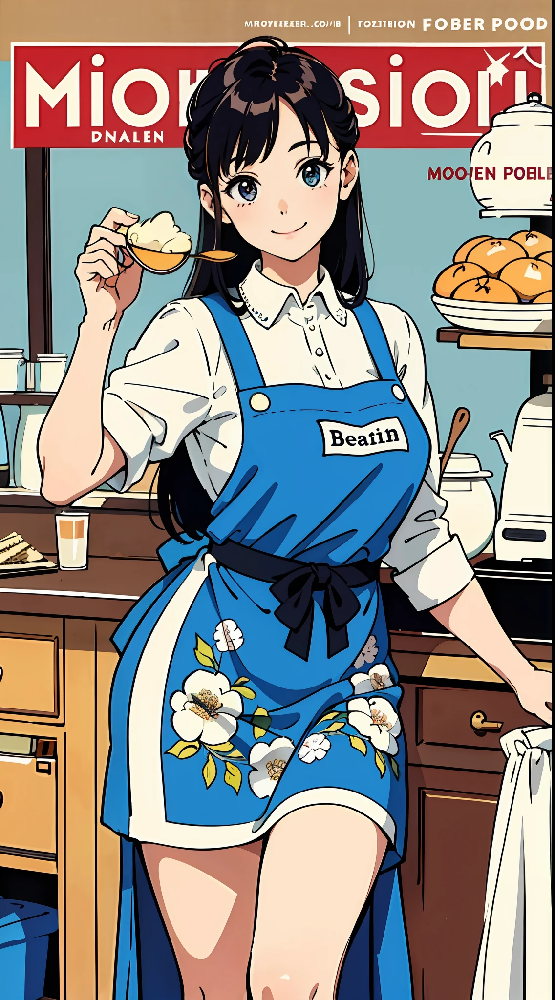 (Best Quality, Masterpiece), Women's Cooking Magazine Cover, 1girl, 20 years old, stunning, cute, warm smile, hourglass figure, floral dress, apron, food, text, chart, advertising, magazine title