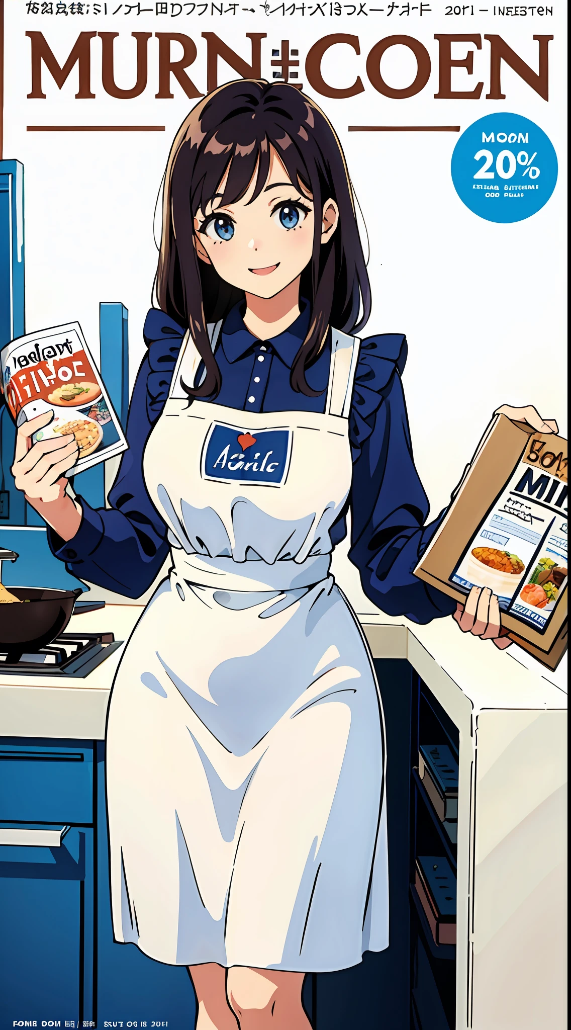 (Best Quality, Masterpiece), Women's Cooking Magazine Cover, 1girl, 20 years old, stunning, cute, warm smile, hourglass figure, floral dress, apron, food, text, chart, advertising, magazine title