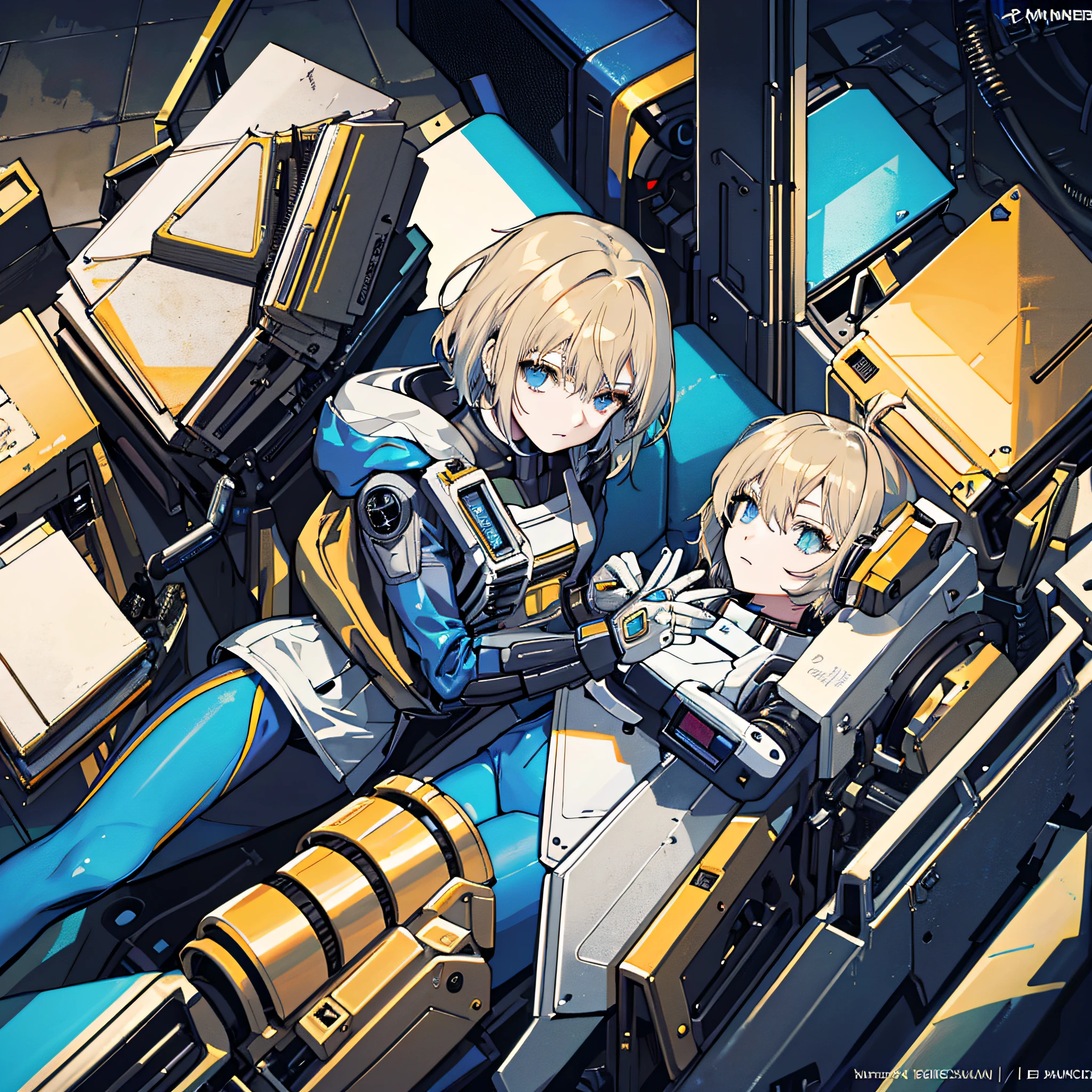 Golden Hair, Masterpiece, Best Quality, One Girl, Medium, (((Album Cover)), Light on Face, Slim Body, Blue Costume, Exoskeleton, Metal Gear, Cyberpunk Style, Short Hair, Gundam
