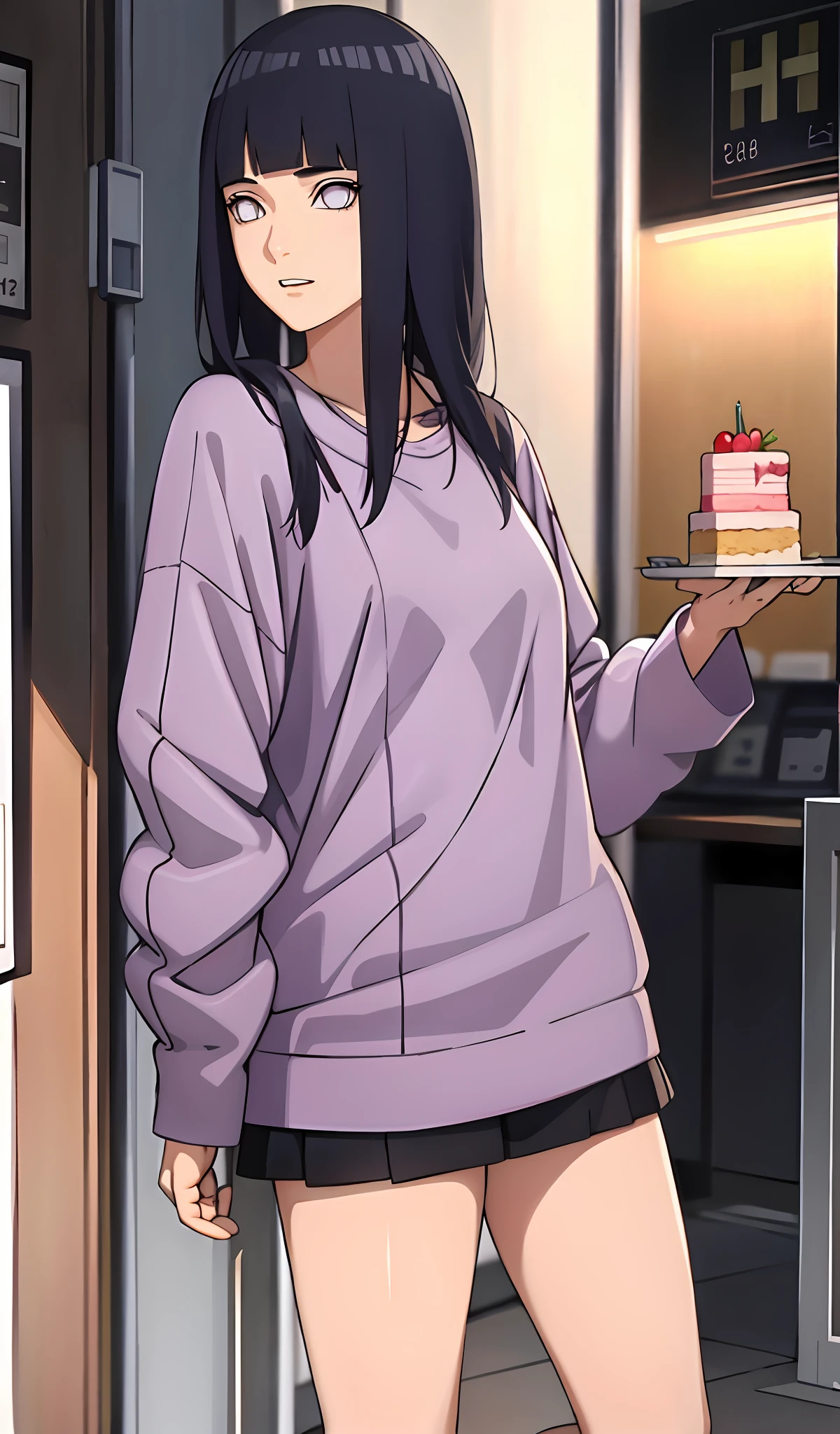 4k, realistic, very detail, there is a girl ate cake, she wearing casual clothes, oversize clothes, 25 years old, full body, blunt bangs, dark blue hair, purple eyes, long hair, detailed character, detailed face, detailed body