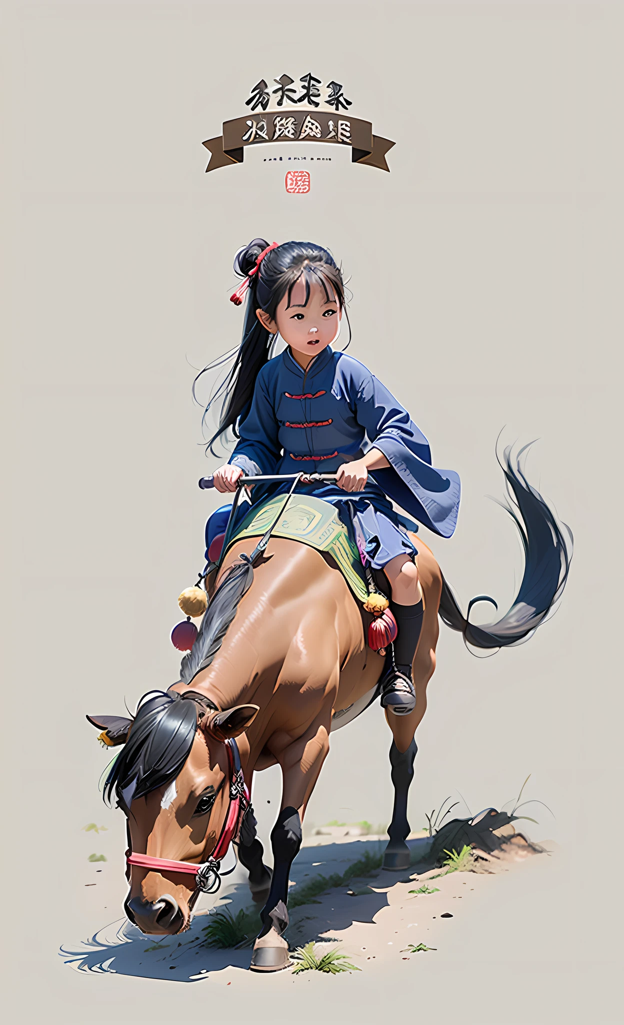 Ancient Chinese little girl riding an old cow finger in front of her, full body photo, gray background, blue clothes