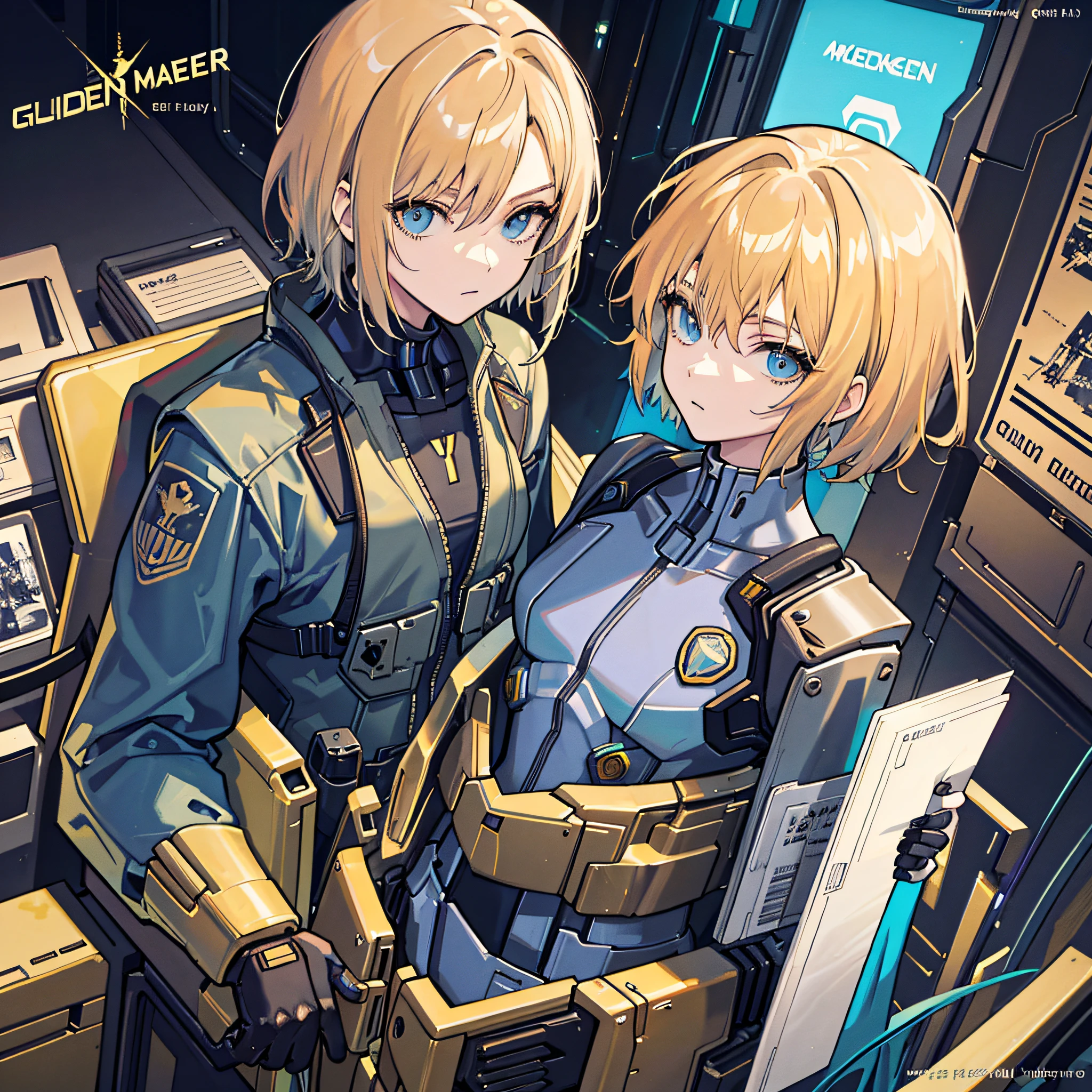 Golden Hair, Masterpiece, Best Quality, One Girl, Medium, (((Album Cover)), Light on Face, Slim Body, Blue Costume, Exoskeleton, Metal Gear, Cyberpunk Style, Short Hair, Gundam