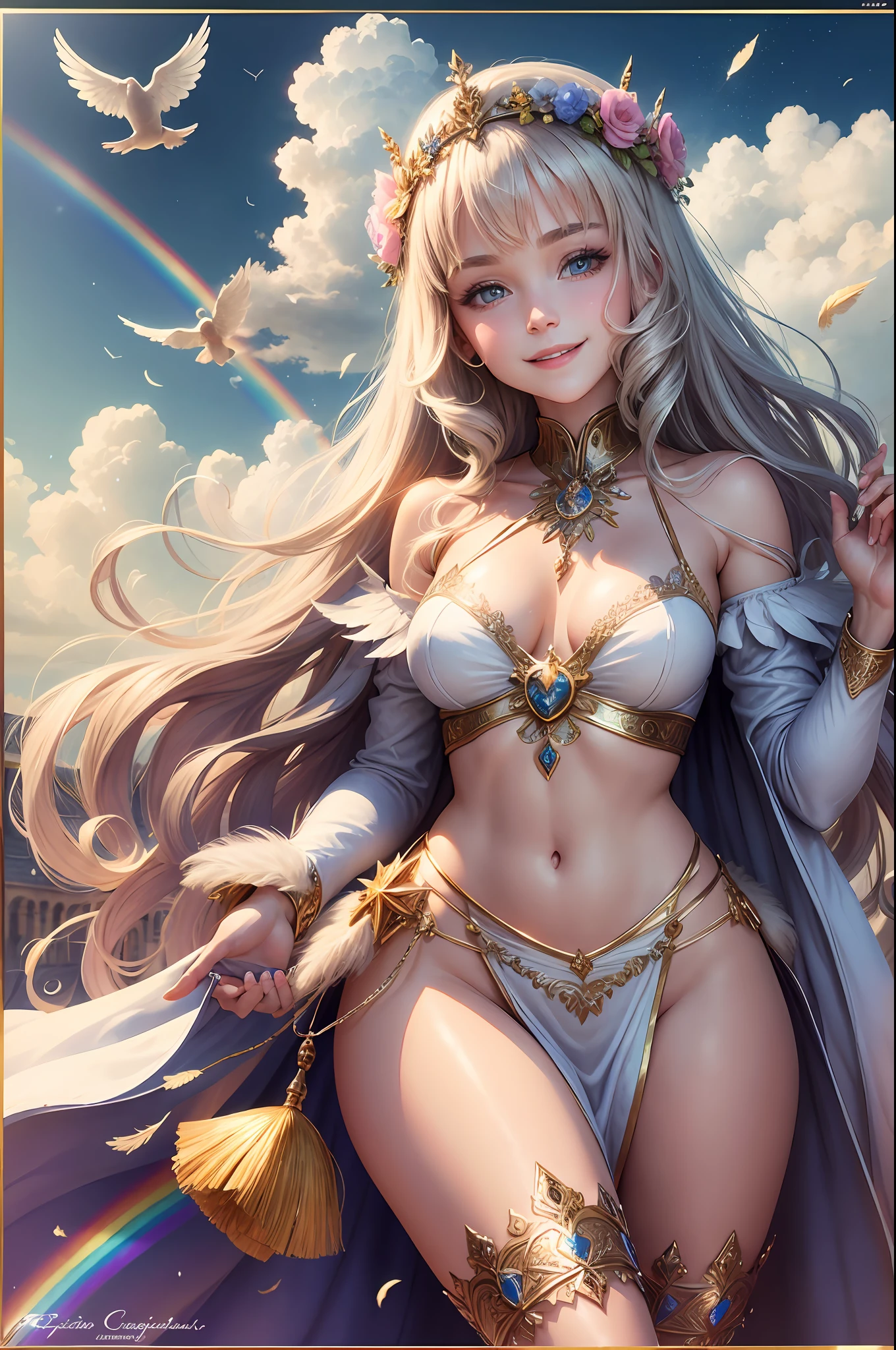 Caucasian, always with angels, security, security, happiness, radiance, light, fantastic, flower, rainbow, glitter, smile, feather, heaven, heaven, medieval --auto --s2
