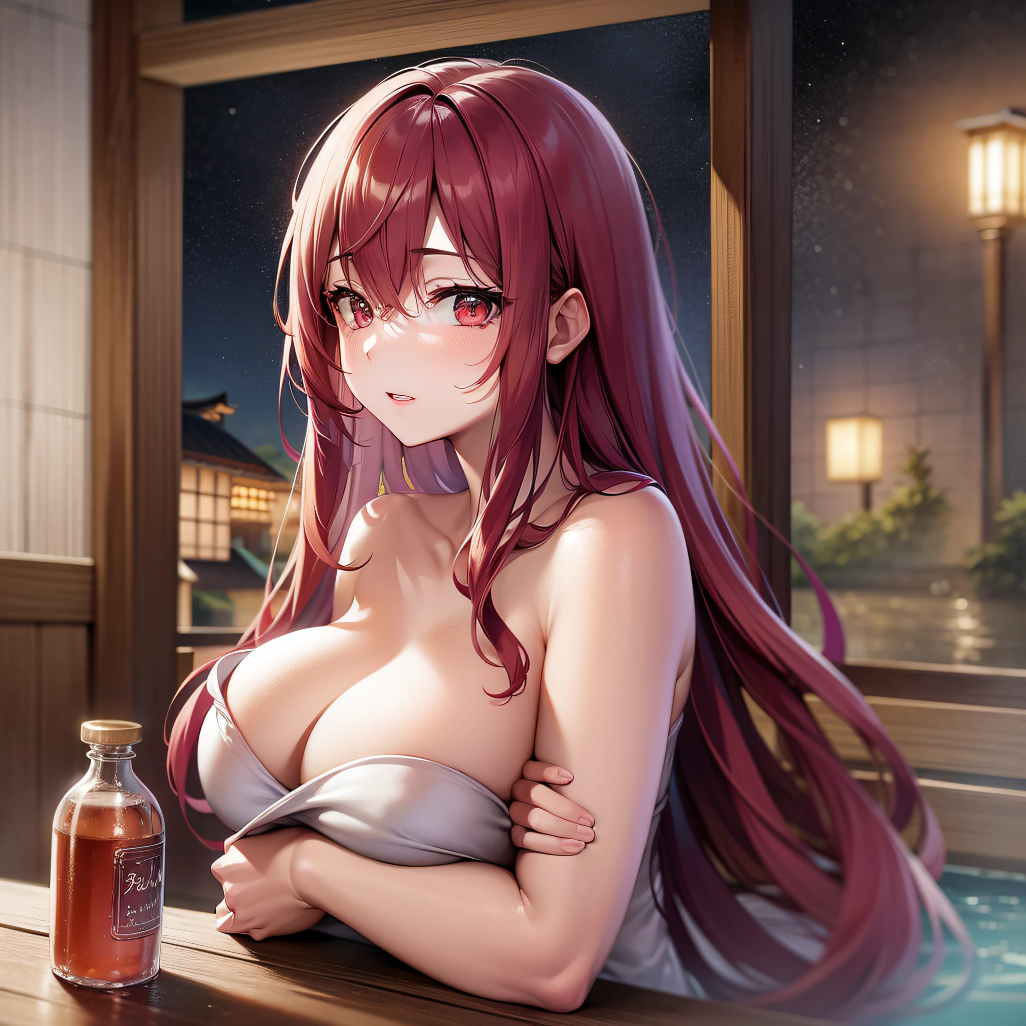 masterpiece, best quality, high resolution, night time, bathhouse, towel, cleavage, crimson hair, 1 girl, large soft breast