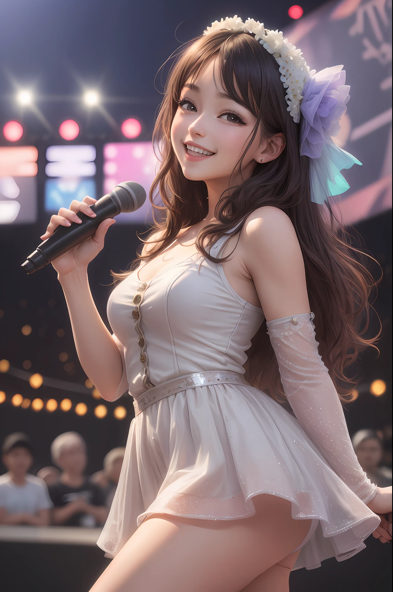 Real, Always With Idol, Cute Plain Clothes,Fantastic,Gorgeous,Outdoor,Safe,Radiant,Glitter,Adult,Female,Solo,Smiling,Watch Audience,Hold Microphone,Outdoor Stage,Idol,Beauty