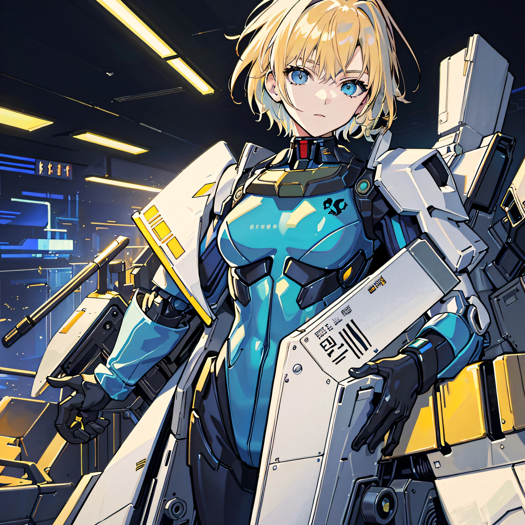 Golden Hair, Masterpiece, Best Quality, One Girl, Medium, (((Album Cover)), Light on Face, Slim Body, Blue Costume, Exoskeleton, Metal Gear, Cyberpunk Style, Short Hair, Gundam