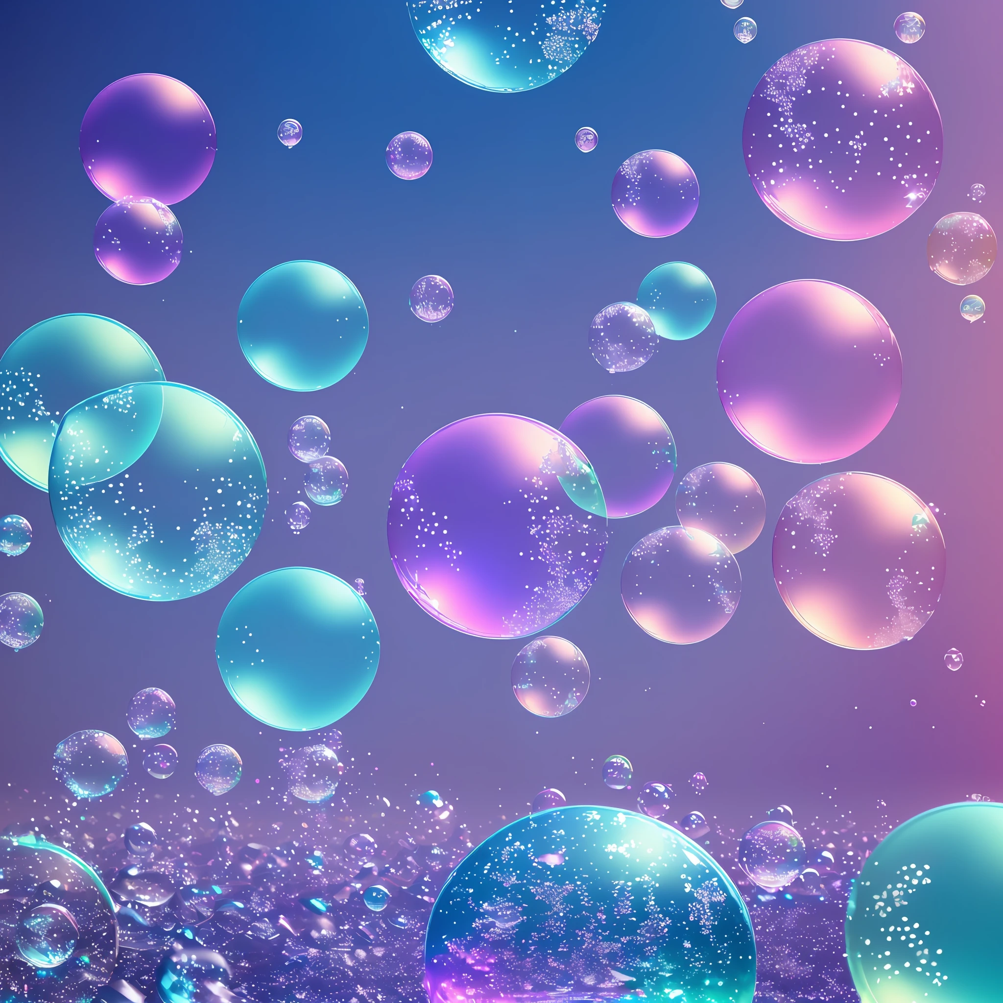 Computer volumetric graphics, realistic fantasy, Extensive landscape ultra photography (general view showing soap bubbles, water, circles on the water, ice crystals, snowflakes,), blurred background, warm, shade of turquoise background, a little purple, magic --auto --s2