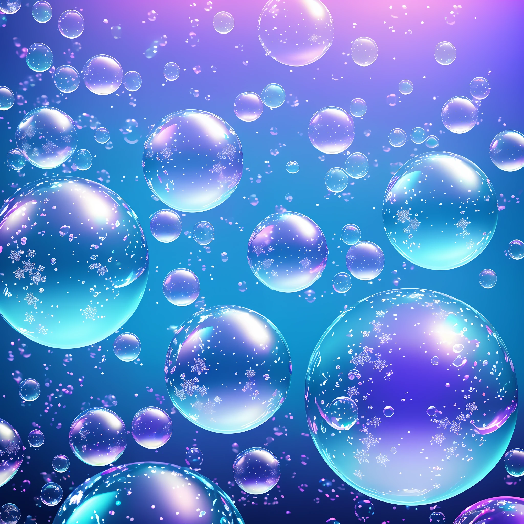 Computer volumetric graphics, realistic fantasy, Extensive landscape ultra photography (general view showing soap bubbles, water, circles on the water, ice crystals, snowflakes,), blurred background, warm, shade of turquoise background, a little purple, magic --auto --s2