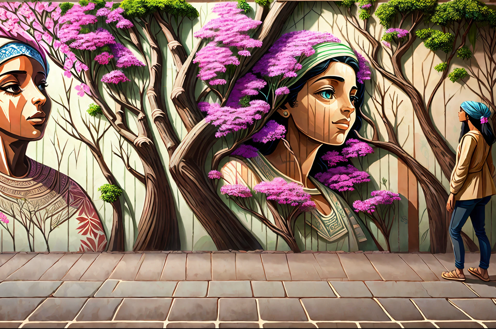 Graffiti on a wall. Behind the wall two bougainvillaeas are visible, with some branches leaning on the wall. Graffiti mural with two Brazilian women with turbans, both are looking at a bouquet of flowers painted in the middle of them. The bougainvillaeas branches are placed right up of the women painted on the wall, the branches look like their hair. A is on the side looking at the mural. Scene illuminated by natural light. Rainy day. 3d, realistic raytraicing. --auto --s2