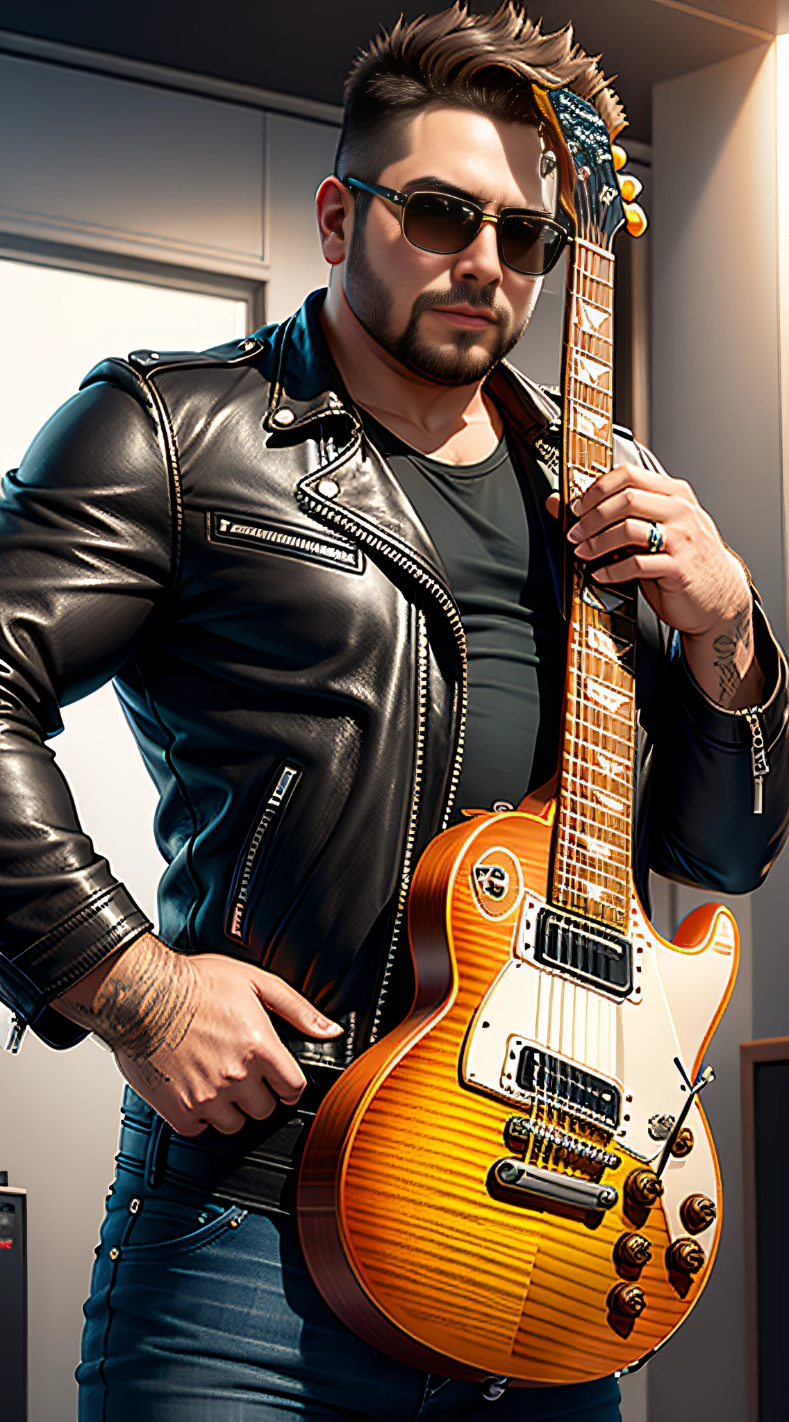 leather jacket man,chubby body,low hair,with guitar model les paul,realistic,super detail,best quality,8k