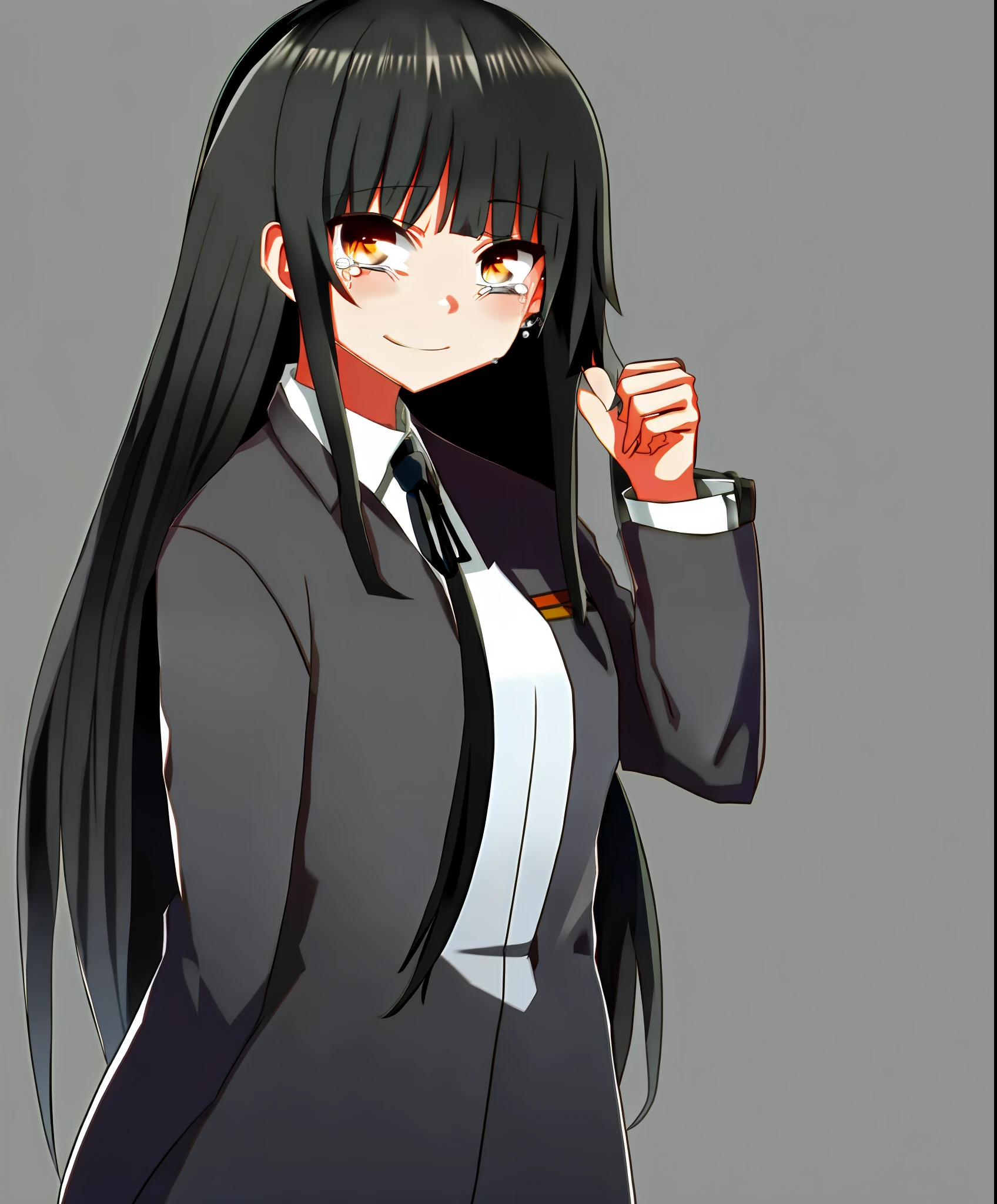 Two-dimensional, loli, front face, tears, smile, long black hair, black eyes, hands behind the back, leaning forward