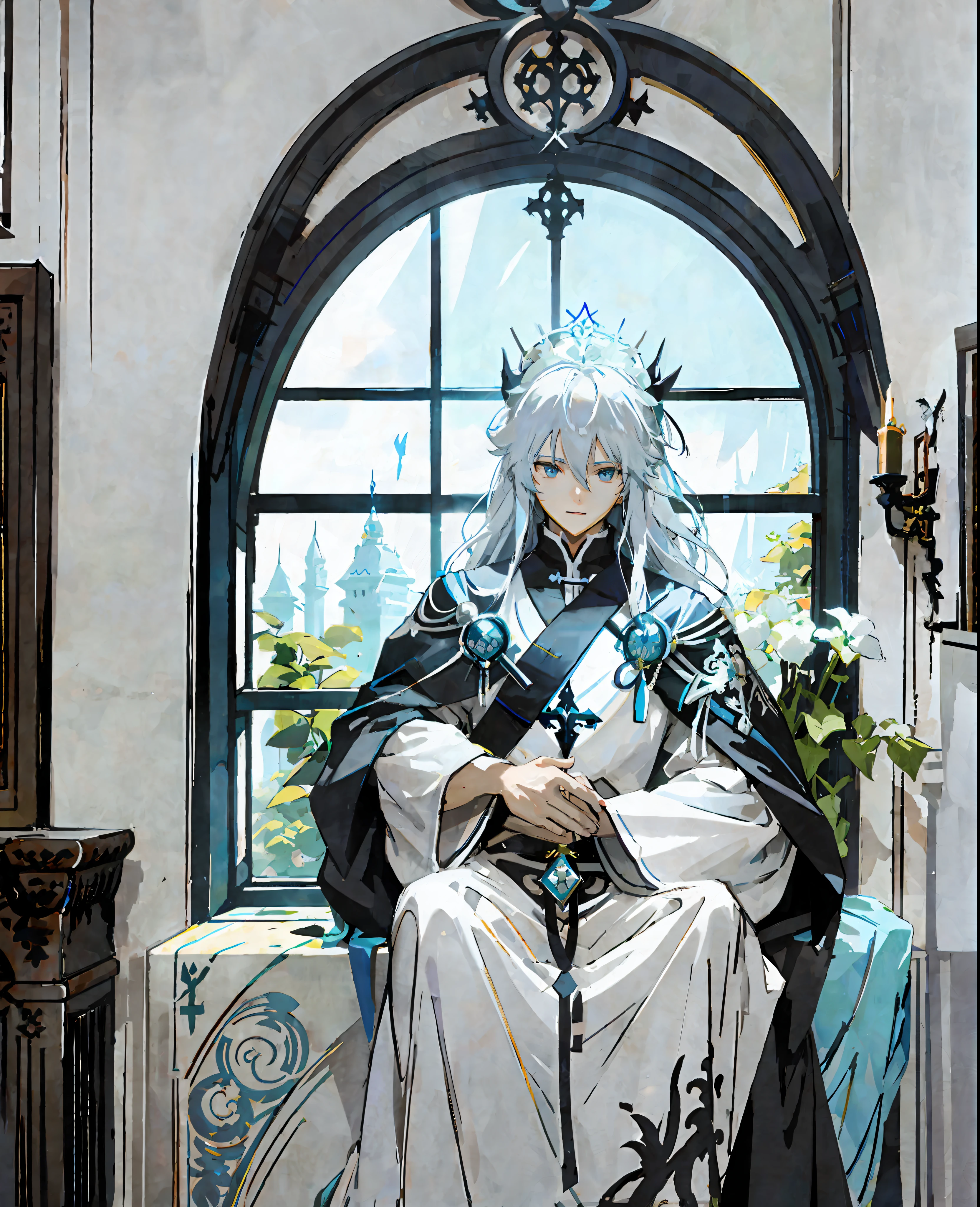 The best Genshin impact 4K wallpaper, the swordsman sits on the windowsill, wearing the costume of the papal character, the mysterious white hair is dazzling, full of divinity, the surrounding carvings are delicate, the painting is high-detailed, the night scene outside the window is rendered with unreal, creating a strong shock scene, dark to beauty, death and character art, bringing a rich visual experience.