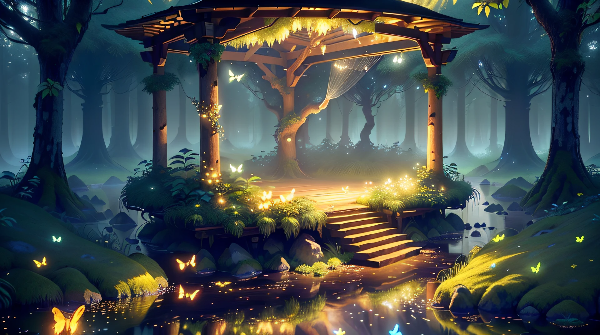 A masterpiece, the best quality, stunning reflections, the best reflections ever. (very detailed CG unity 8k wallpapers), (best quality), (best illustrations), (best shadows), forest theme with natural elements. Tall trees, quiet streams, small glowing mushrooms surrounded by delicate leaves and branches, with fireflies and glowing particle effects,, (natural elements), (jungle theme), (leaves), (twigs), (fireflies), butterflies, (delicate leaves), (glow), (particle effects). , Isometric 3D, Octane Rendering, Ray Traced, Super Detailed