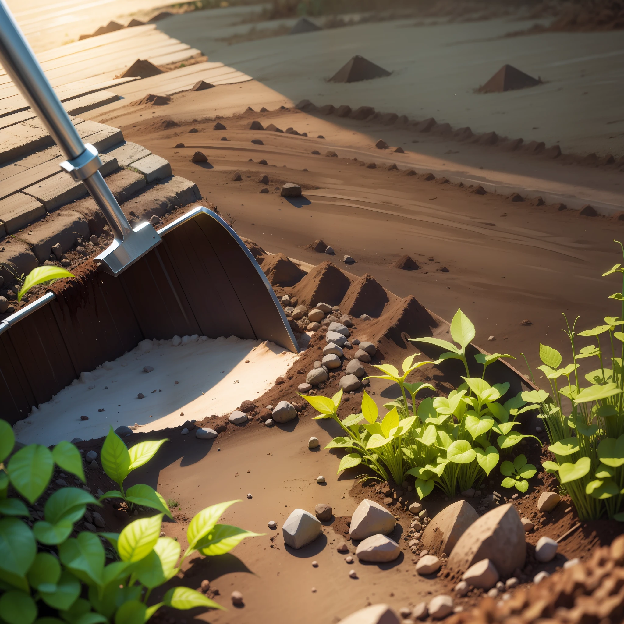 Garden shovel prying soil, with dirt, background garden --auto --s2