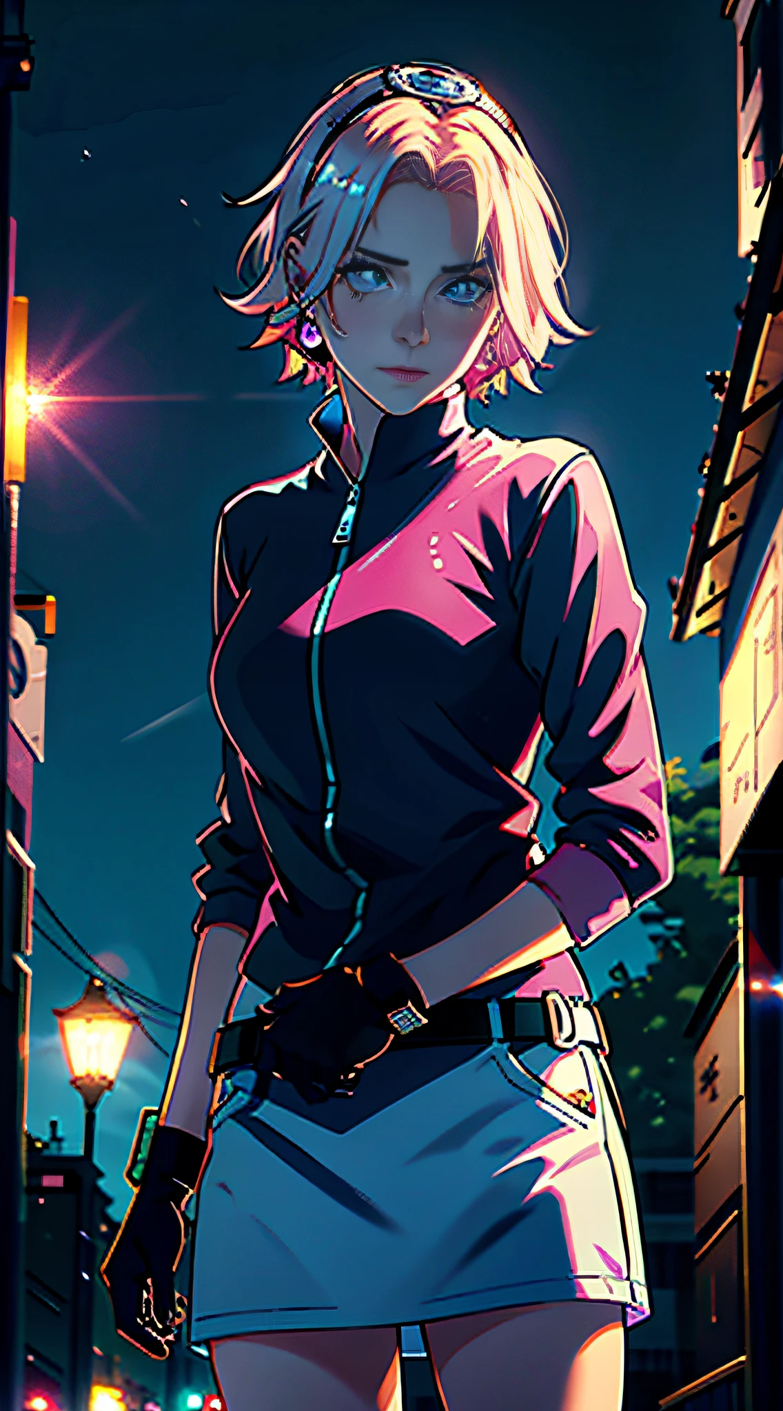 1 girl, casual clothes, princess, tie, gloves, outdoor, sky, full moon, rain, pink hair, forehead showing, short hair, blue eyes, standing, night sky, sideways, reflection, long hair, overcast sky, {{(art teacher) , (extremely detailed CG unit 8k wallpaper), best quality, solo, 1 girl, cinematic lighting, detailed background, beautiful detailed eyes,  bright pupils (extremely delicate and beautiful), (beautiful and detailed description of the eye) , ultra detailed, masterpiece,}},
