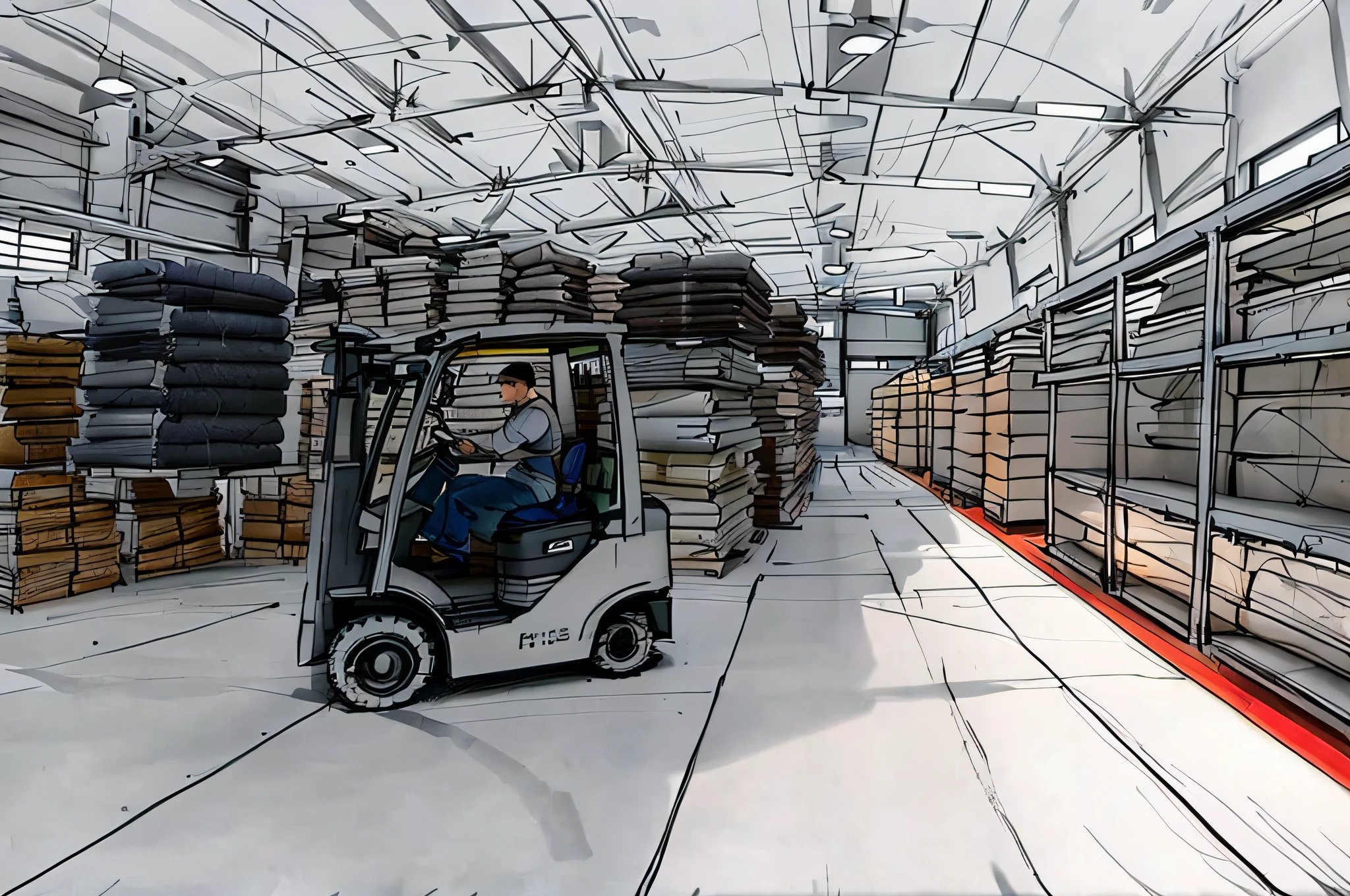 linear, gray, white background, simple background,sketch, sketch,pen_sketch_style,Arafed forklift in stock with stacks of white bags, in warehouse, in warehouse, in warehouse, inside warehouse, warehouses, warehouse, illustration, in dark warehouse, factory, trade warehouses, photo taken in 2 0 2 0, inspect in inventory image, full pallet image, William's warehouse, working hard,  Lots of sunlight, portrait image