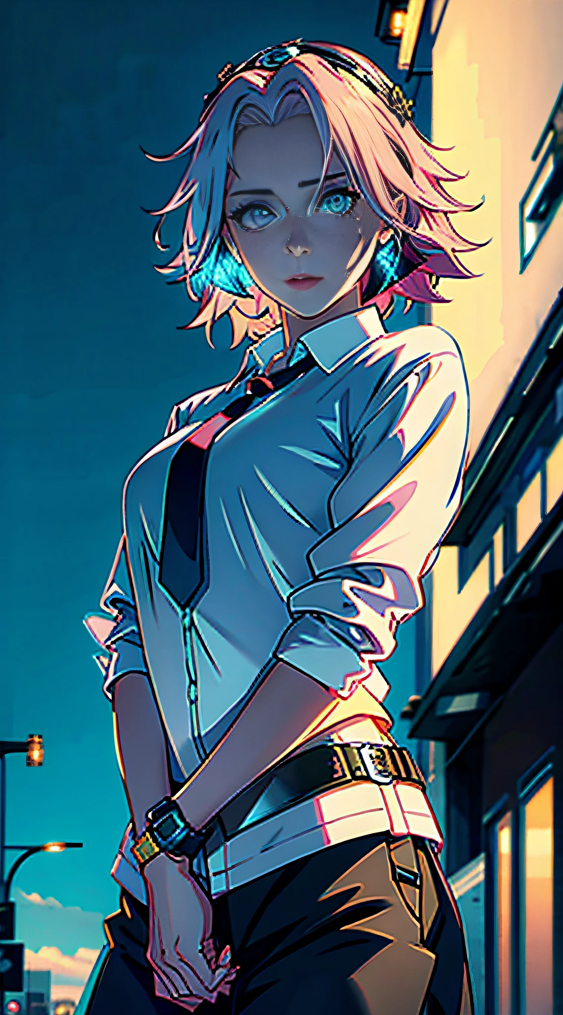 1 girl, casual clothes, princess, tie, gloves, outdoor, sky, full moon, rain, pink hair, forehead showing, short hair, blue eyes, standing, night sky, sideways, reflection, long hair, overcast sky, {{(art teacher) , (extremely detailed CG unit 8k wallpaper), best quality, solo, 1 girl, cinematic lighting, detailed background, beautiful detailed eyes,  bright pupils (extremely delicate and beautiful), (beautiful and detailed description of the eye) , ultra detailed, masterpiece,}},