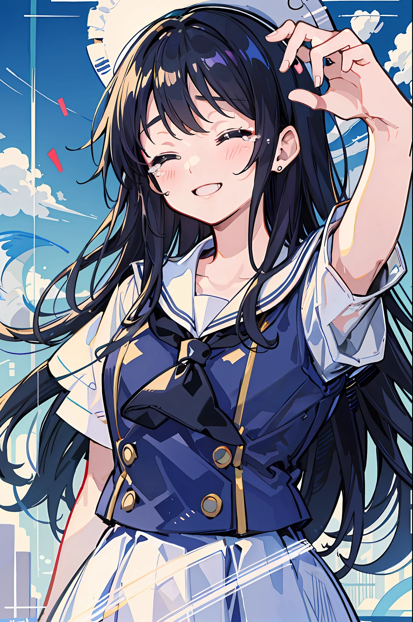 Masterpiece, best quality, illustration, sailor suit, long black hair, smile, closed eyes, tears, rosemary