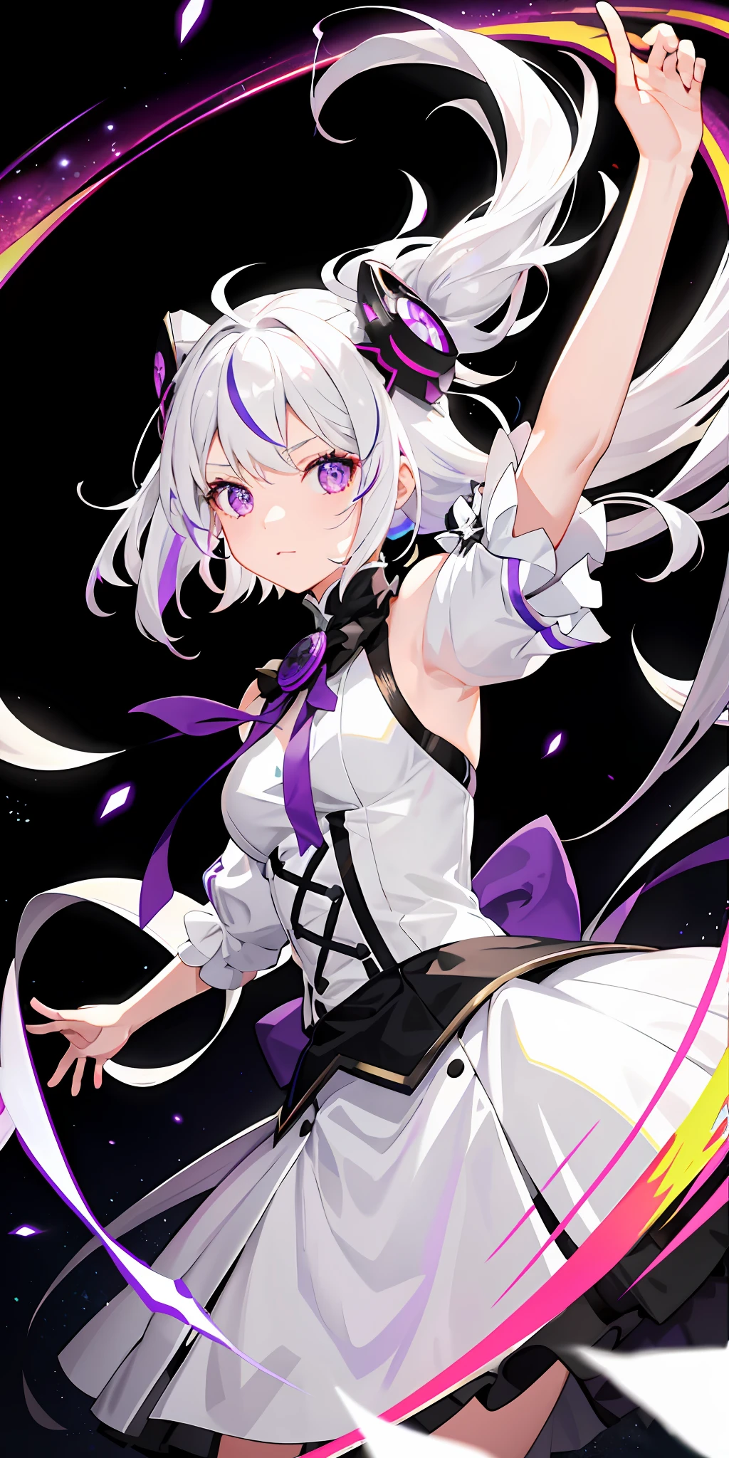 1girl, white hair, multicolored hair, purple eyes, mask on head, sidelighting, light particles, wallpaper,