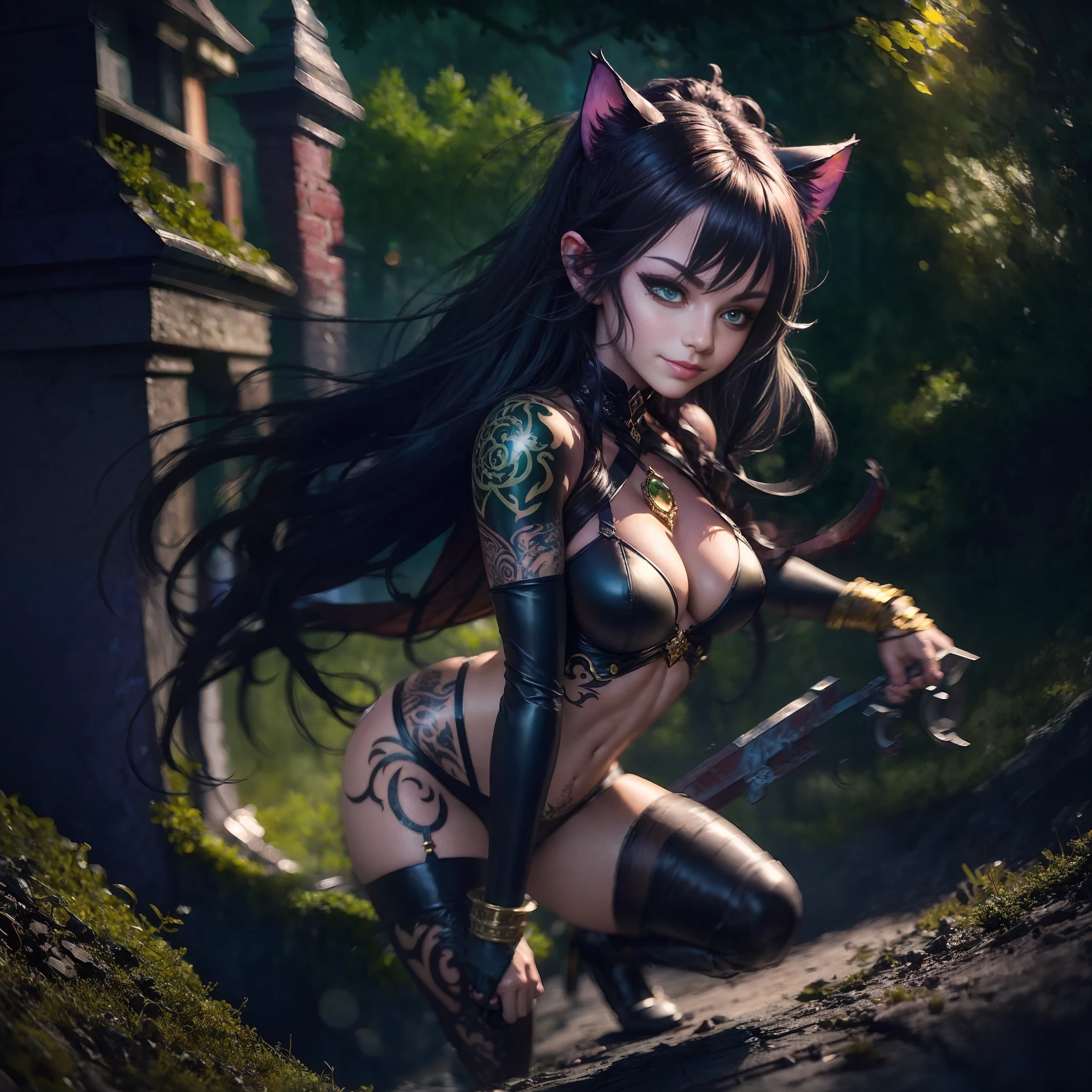 A Masterpiece, Fantasy world, Anime Style, Very Attractive, Black cat Girl, Perfect Green eyes, In a Fantasy City, Tattoos, Weapon, Fighting Stance, Perfect Face, Perfect Body, Detailed and Intrincicate, Photoshoot, HD, Smilling, Bioluminicense