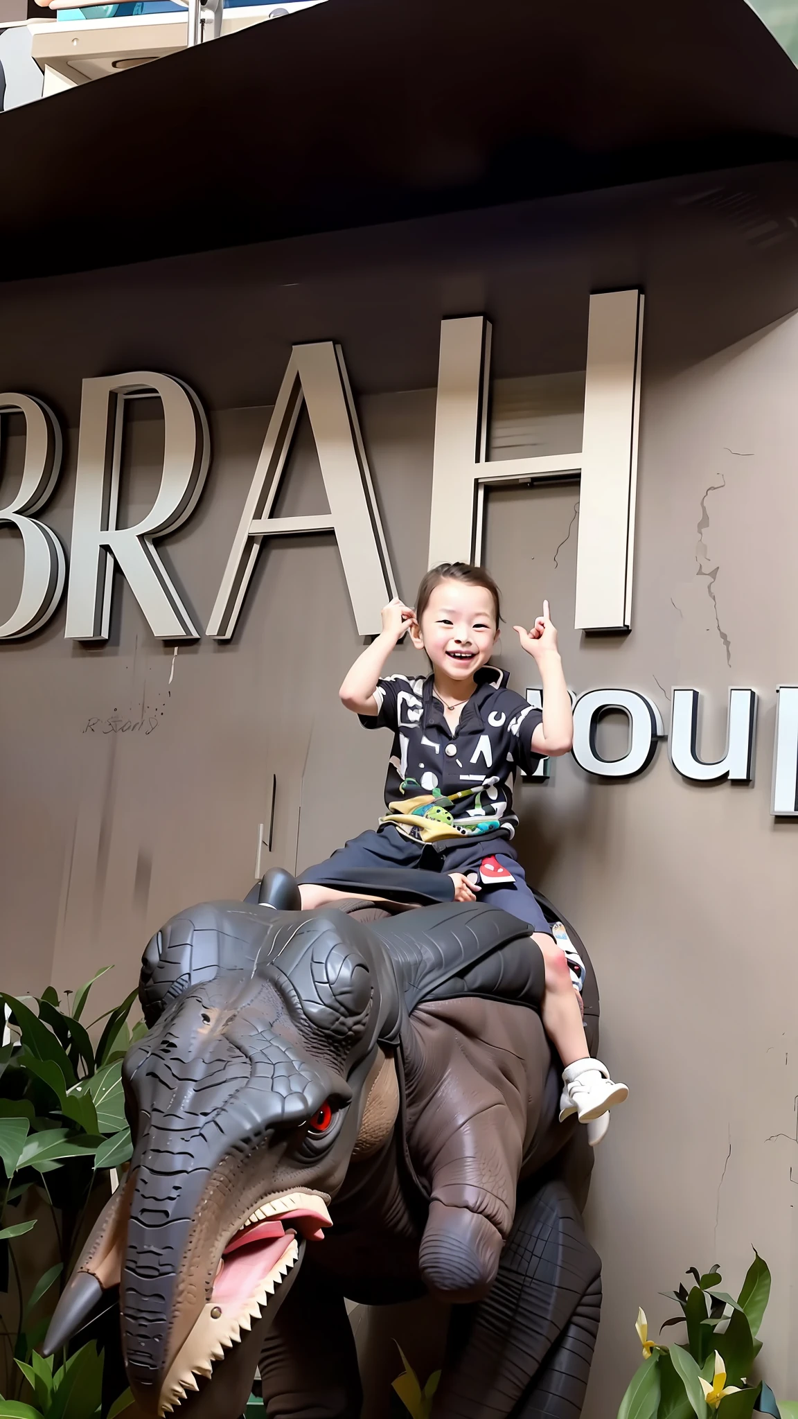 The child happily rides on the Tyrannosaurus rex and gazes ahead with both eyes intently ahead