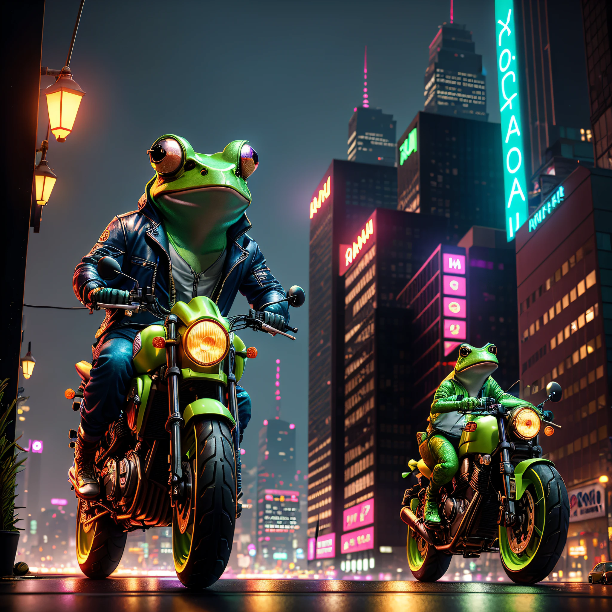 brightly lit city street scene with two frogs on motorcycles, cyberpunk frog, rolands zilvinskis 3d render art, (octane render) fantasy style, dan mumford. 8 k octane render, cycles 3 d render, fantasy style 8 k octane render, rendered in nvidia's omniverse, 3 d render stylized, game cg, dan mumford. octane render
