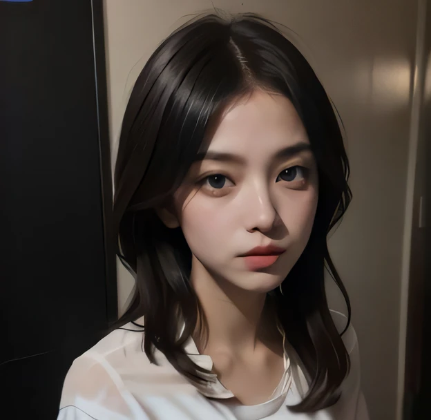 arafed image of a woman with a white shirt and a black phone, korean symmetrical face, ulzzang, jaeyeon nam, wan adorable korean face, young adorable korean face, korean girl, heonhwa choe, korean face features, hwang se - on, popular korean makeup, black hime cut hair, jinyoung shin, mid - length hair