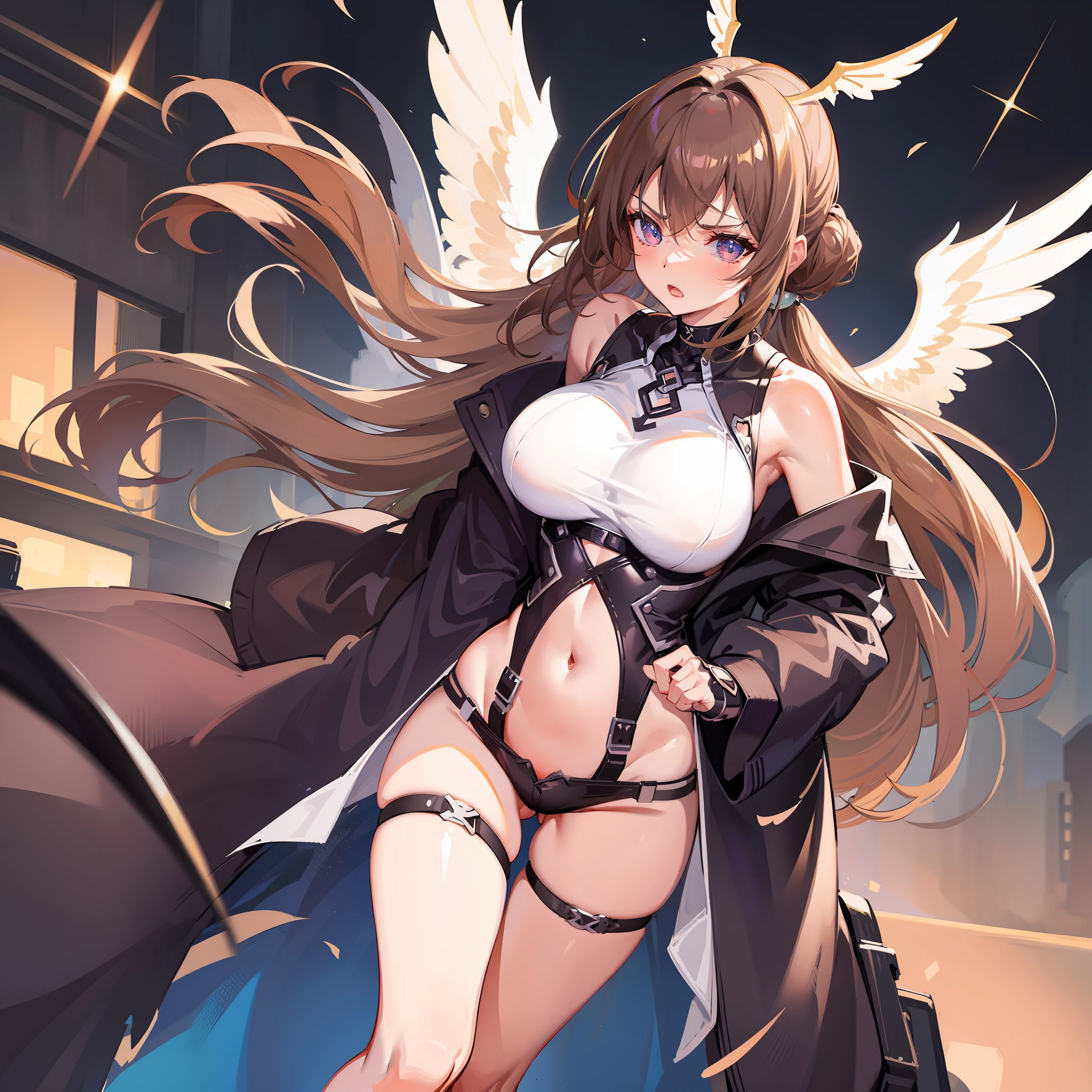 fantasy, 1angel_girl, , brown_hair, ponytail_hair, (dark_skin)+, bare_shoulder, navel, thigh,silver_shiny_armor, white_clothes,waist_armor, glebe, hold_swords, big_, angry, dynamic_fighting_pose, floating, (1pair_white_wings), sunrise_city_background,(pelvic_curtain)++, open_mouth, headgear, large_ass