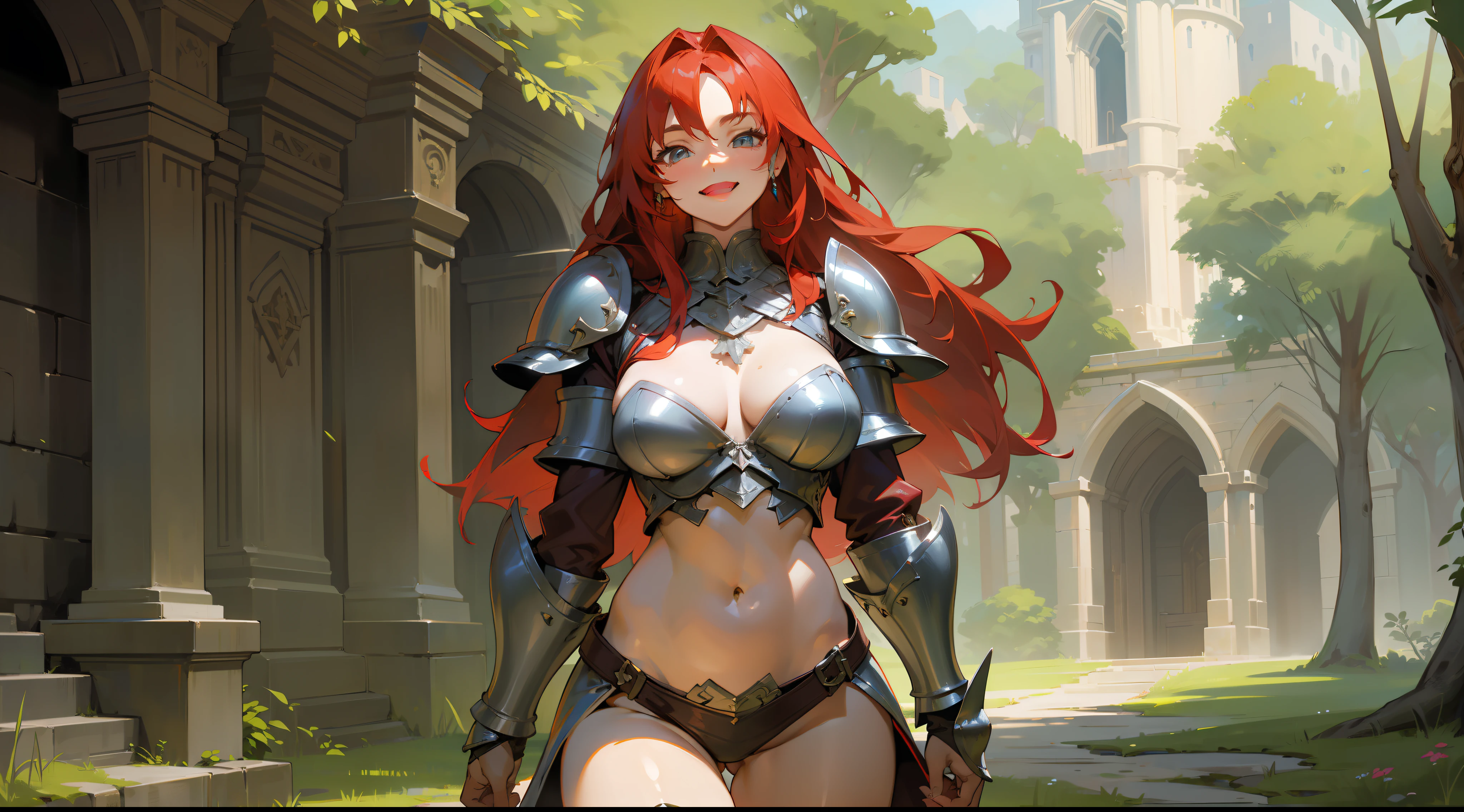 masterpiece, best quality, mature woman, strong, long red hair, light eyes, smile showing teeth, berserker, light leather armor, beautiful breasts, exposed thighs, exposed navel, boots, thin thong, fantasy, medieval, outdoor, nature, dungeon background, dynamic pose, beautiful detailed glow.